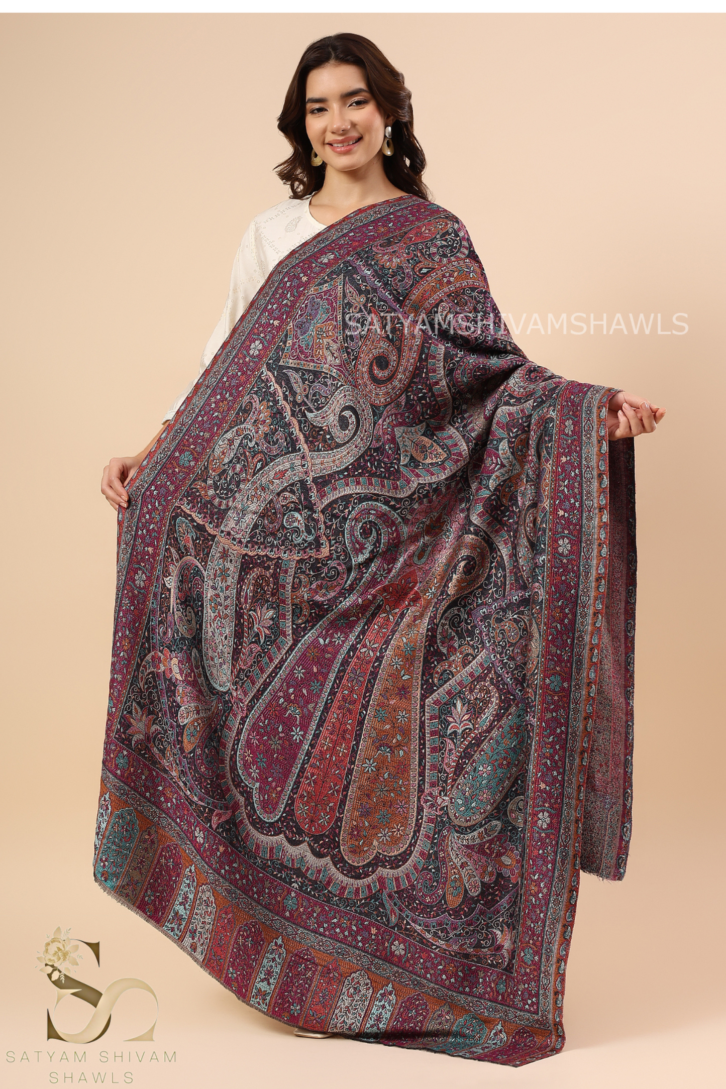 TURKISH PAISLEY FINE WOOL PASHMINA JAMAWAR KANI SHAWLS,MULTY KASHMIRI COLOURS ON BLACK BASE