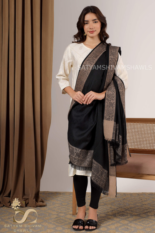 PURE WOOL REVERSIBLE SELF BORDER DESIGN SHAWL ,BLACK