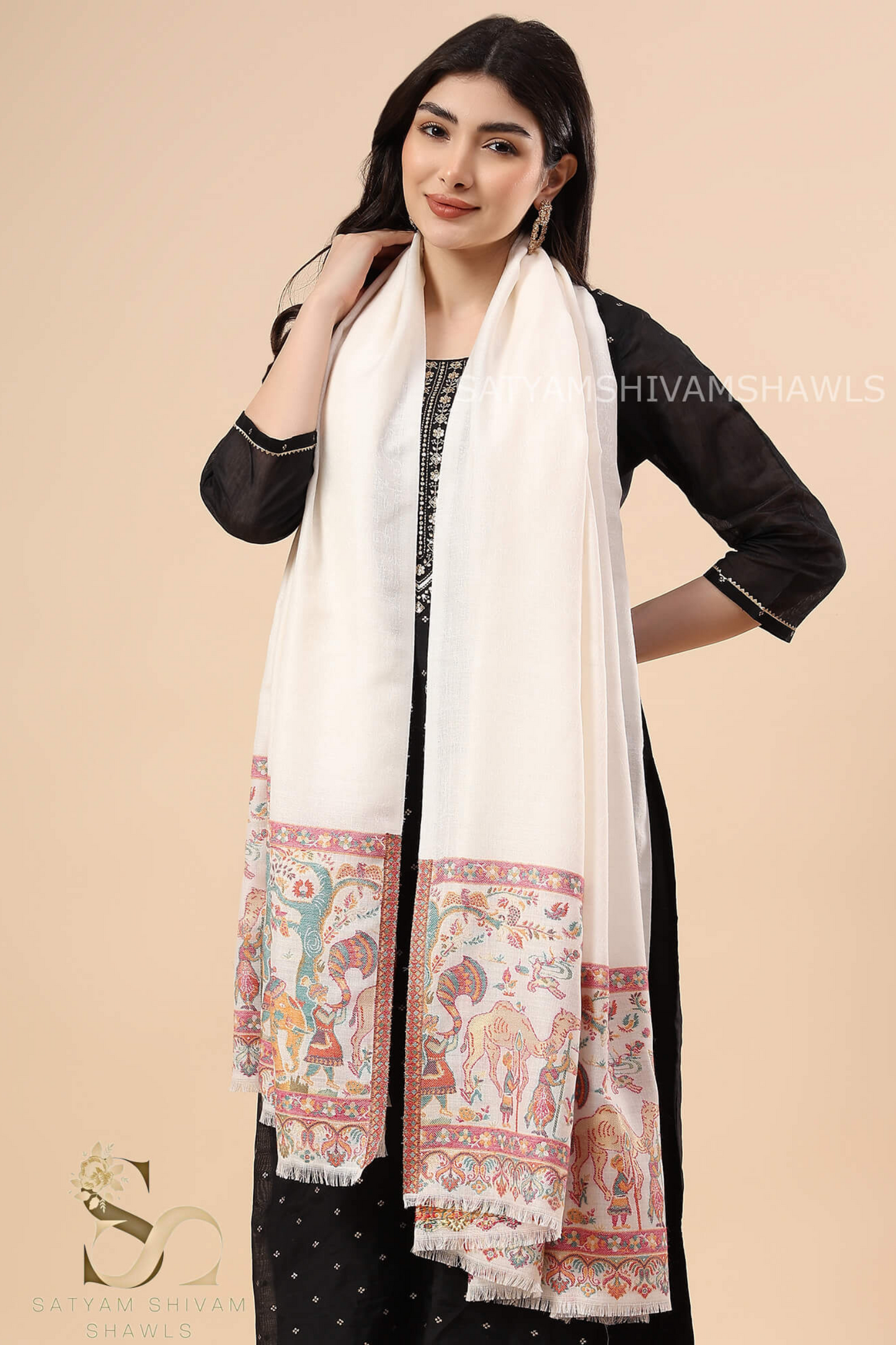 ZARI MOONLIGHT KANI WEAVE PURE WOOL PALLA SHAWL,WARM AND SOFT,WHITE