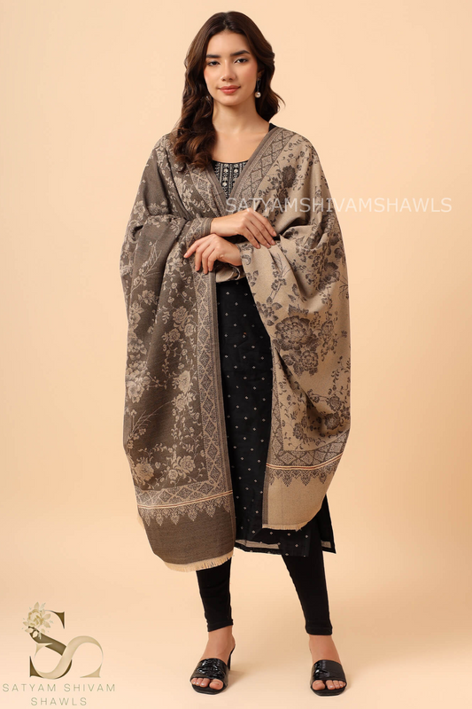 PASHMINA BLENDED WOOL REVERSIBLE SELF SUNFLOWER DESIGN SHAWL