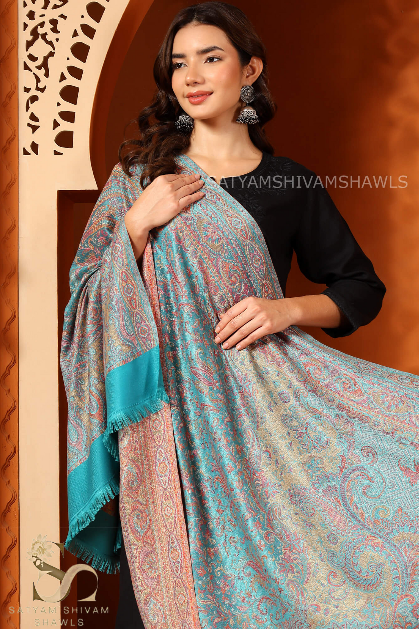 PURE WOOL ETHNIC KANI WEAVED SHAWL,WARM AND SOFT, C GREEN