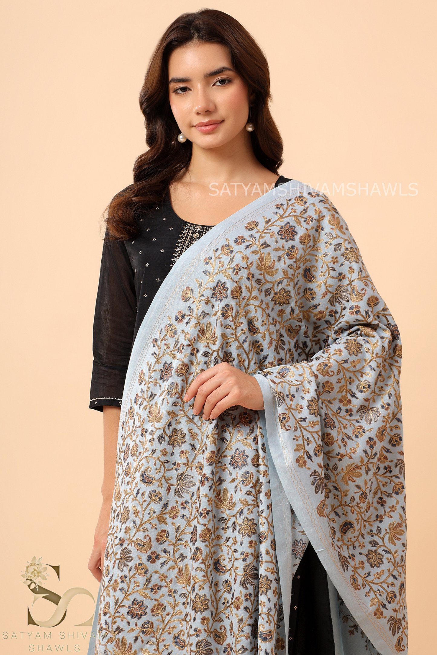 PASHMINA MIST BLUE NALKI EMBRODIERY WEAVE STOLE,WARM & SOFT