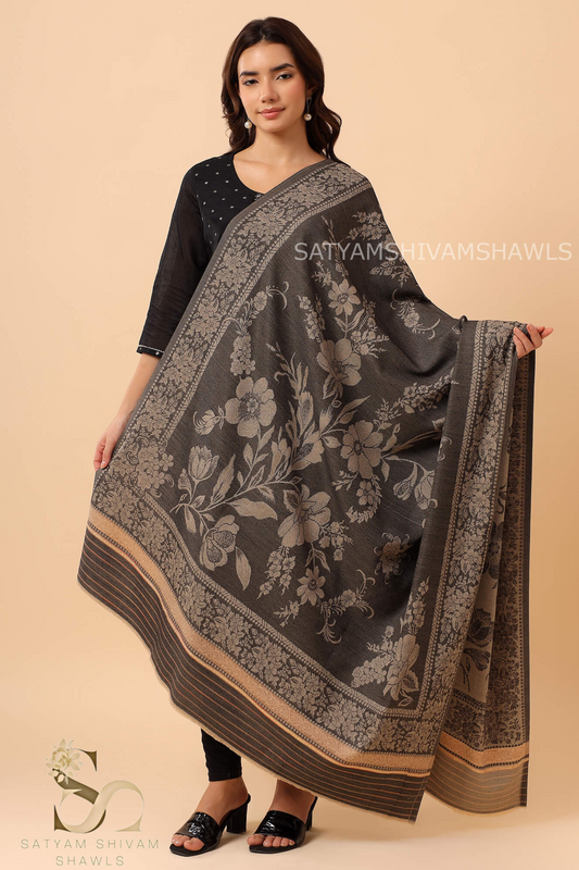 PASHMINA BLENDED WOOL REVERSIBLE SELF LOTUS DESIGN SHAWL