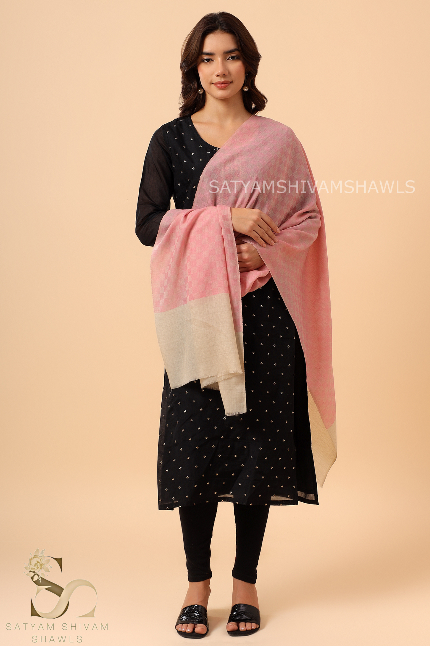 EXTRA FINE WOOL MIST CHECK WOMES STOLES,PINK