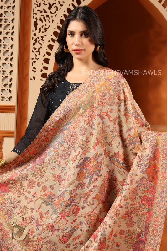 "GARDEN OF DELIGHT" PASHMINA KANI SHIKARGAH DHOLI THEME DESIGN SHAWL,WARM AND SOFT