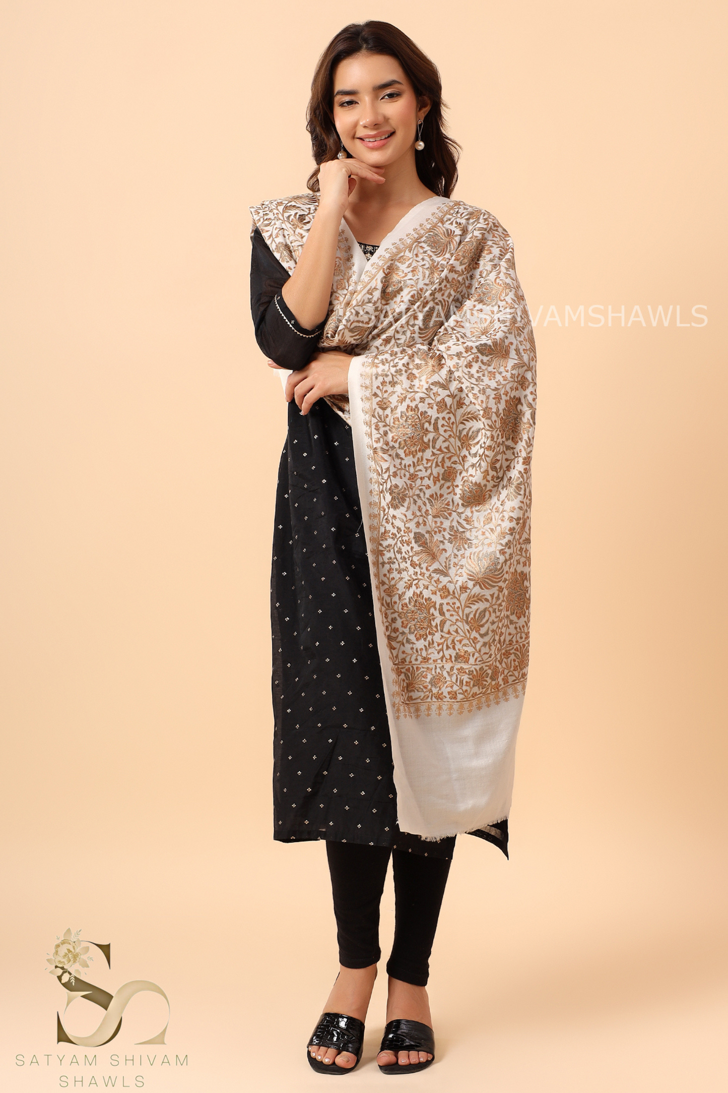 PASHMINA FINE WOOL NALKI EMBRODIERY WEAVE STOLE,WARM & SOFT,WHITE