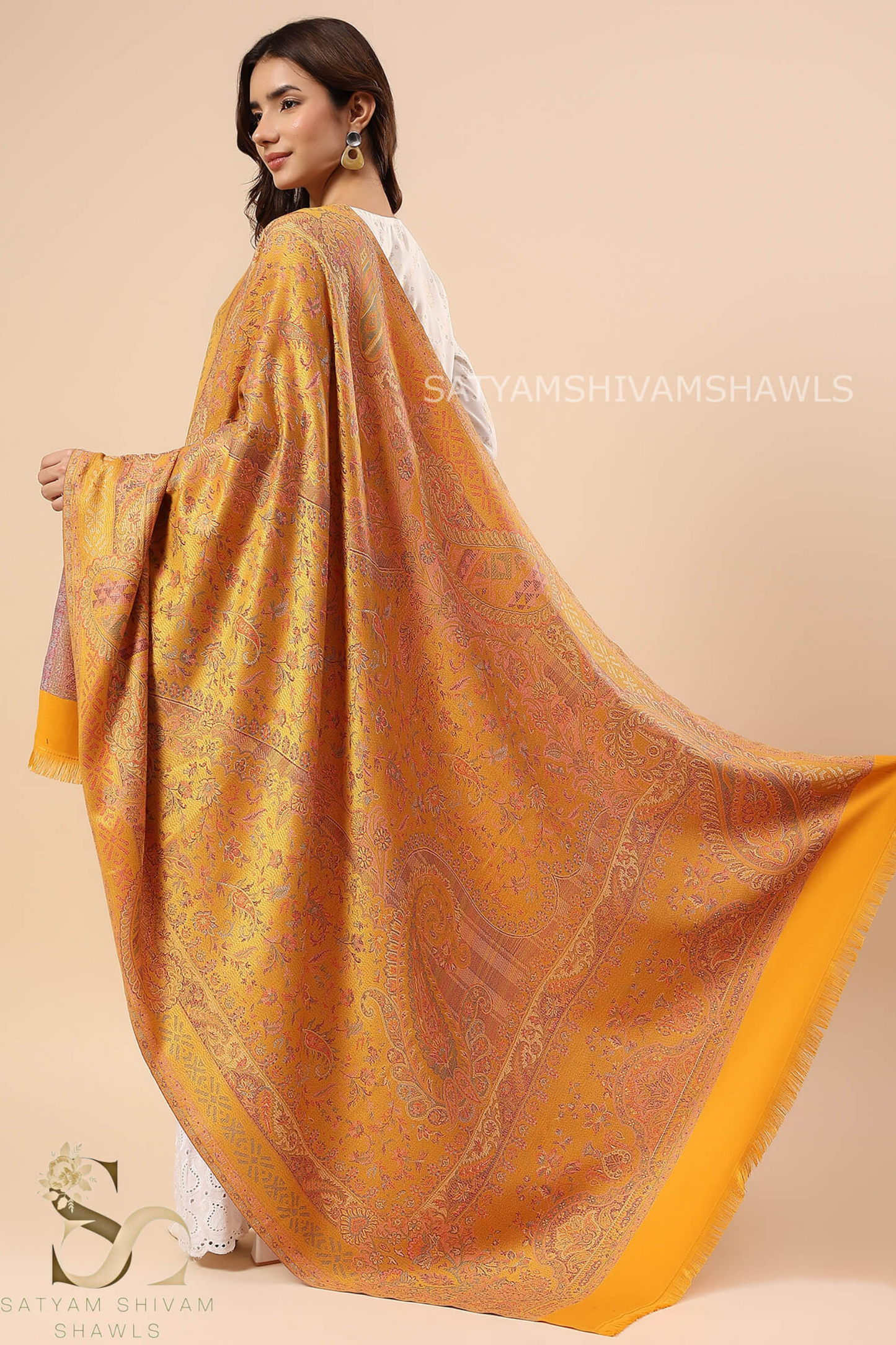 PURE WOOL ETHNIC KANI WEAVED SHAWL,WARM AND SOFT,YELLOW