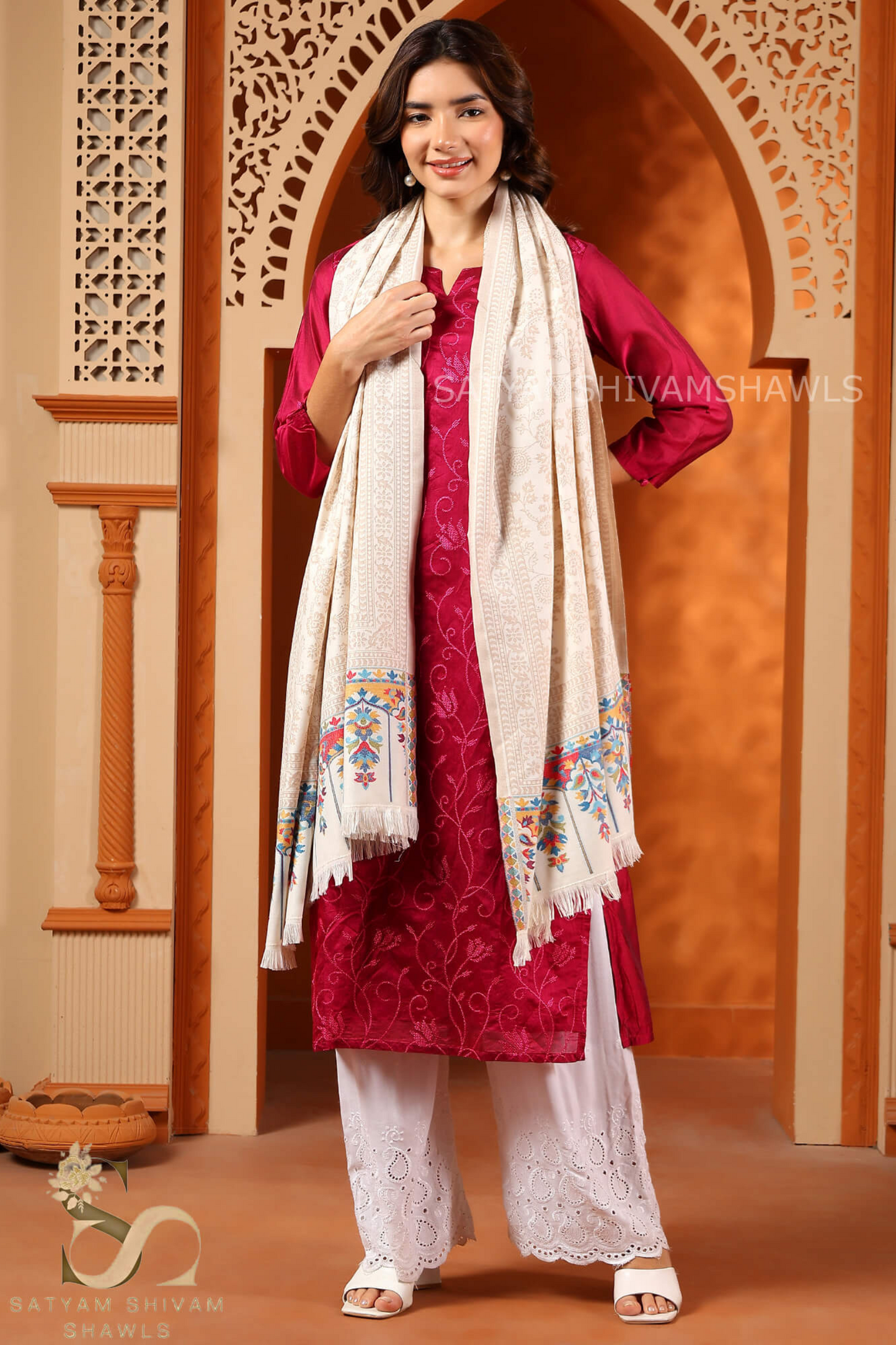 PURE WOOL ETHNIC KANI WEAVED SHAWL,WARM AND SOFT,WHITE