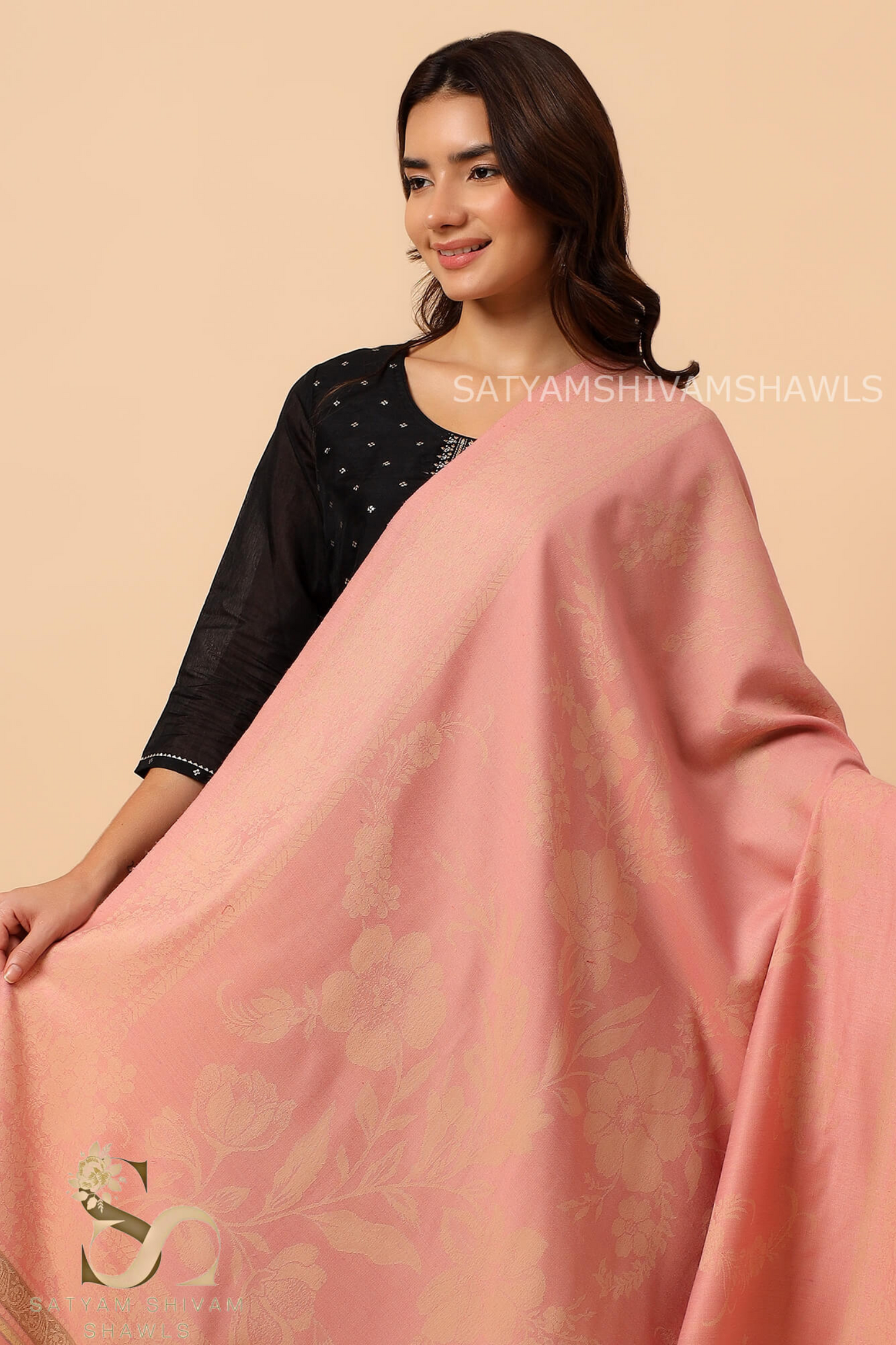 PURE WOOL REVERSIBLE SELF LOTUS DESIGN SHAWL