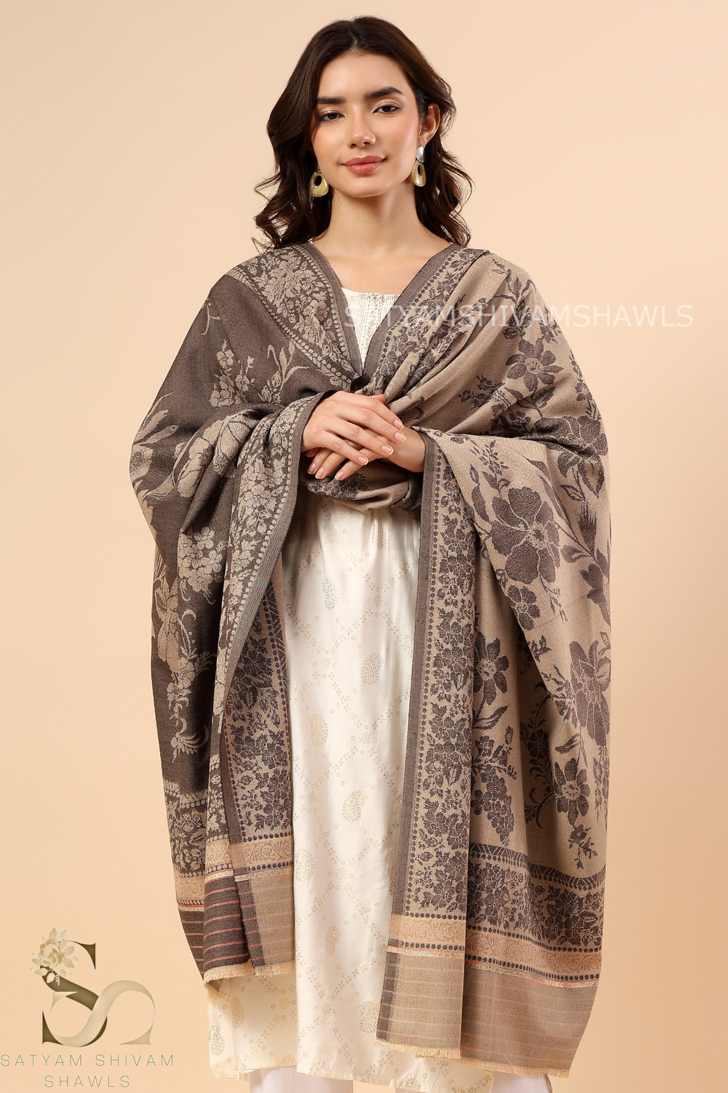 PASHMINA BLENDED WOOL REVERSIBLE SELF LOTUS DESIGN SHAWL,COFFEE