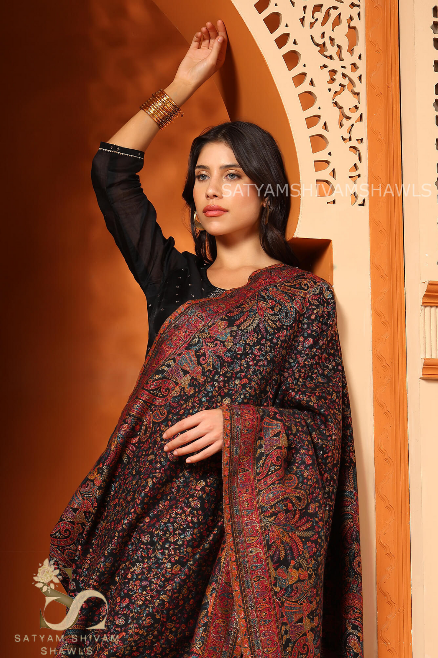 BAADSHAH DARABR ZARI KANI PASHMINA BLEND WOOL WOMENS SHAWLS,BLACK