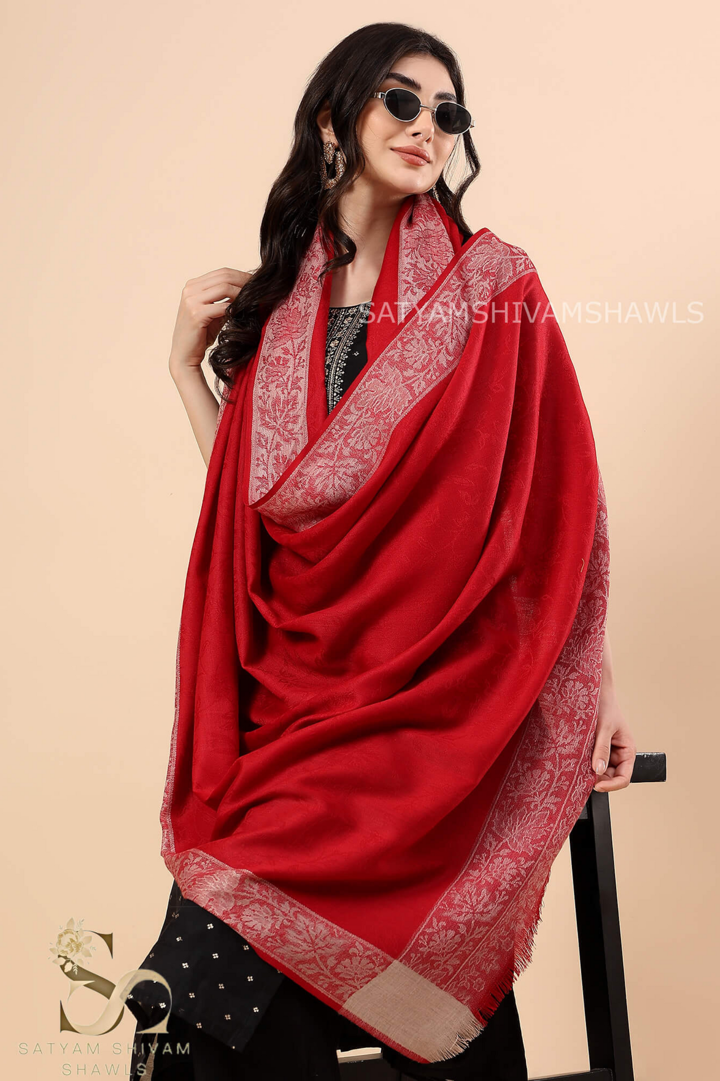 PURE WOOL REVERSIBLE SELF BORDER DESIGN SHAWL ,KASHMIRI MEHROON