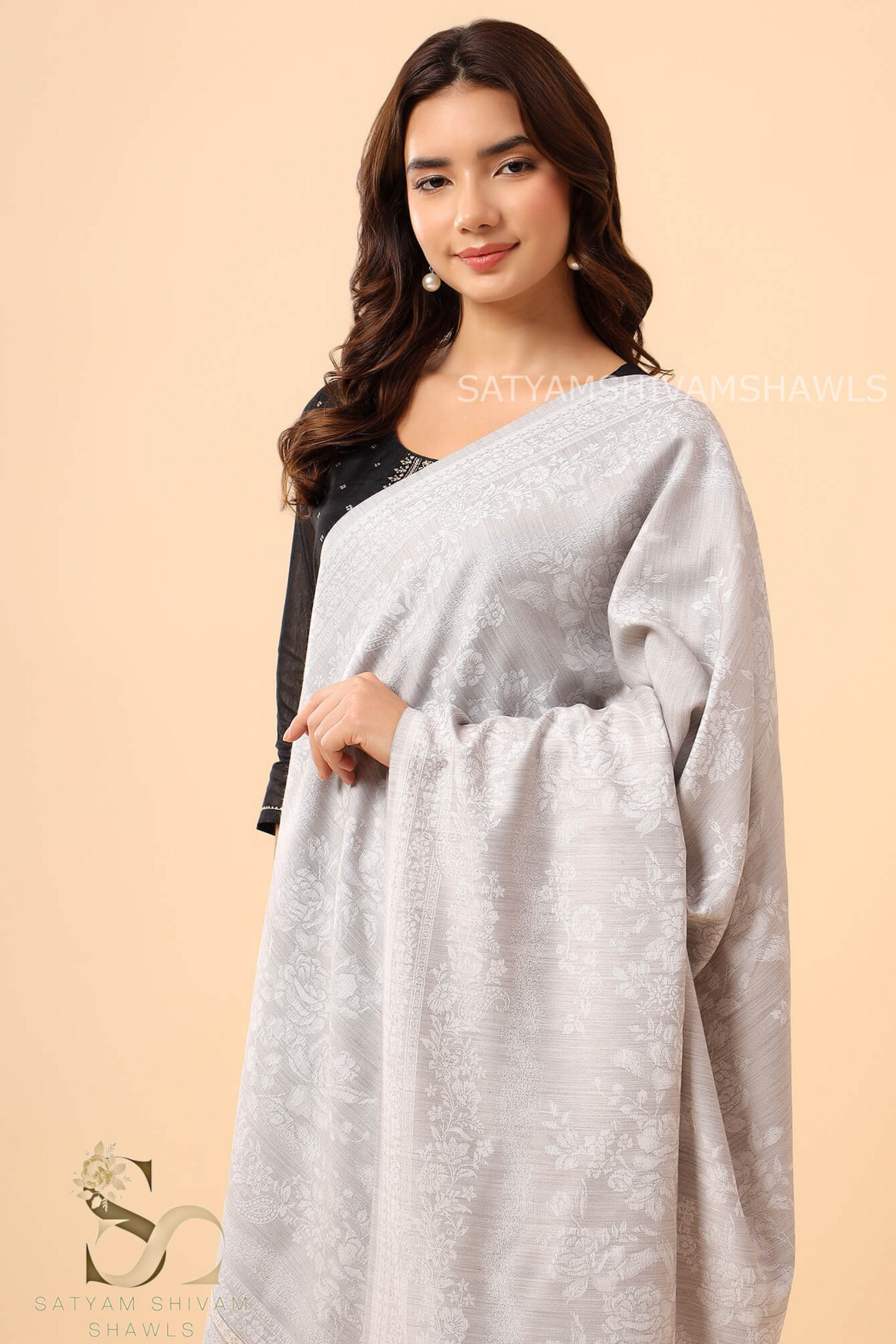 PASHMINA BLENDED WOOL REVERSIBLE SELF DESIGN SHAWL,SLIVER GREY