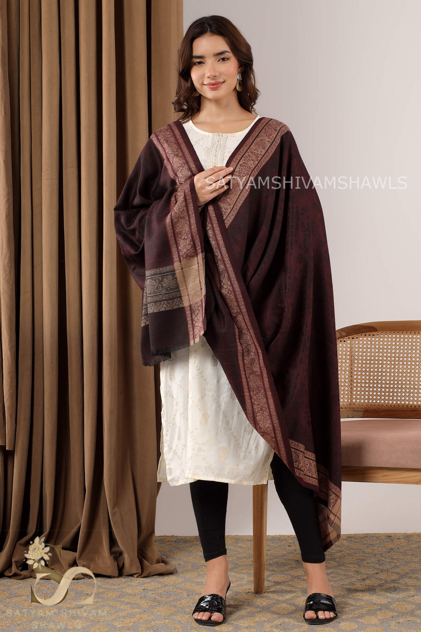 PURE WOOL SELF STRIPS WITH BORDER DESIGN SHAWL,WARM & SOFT,WINE