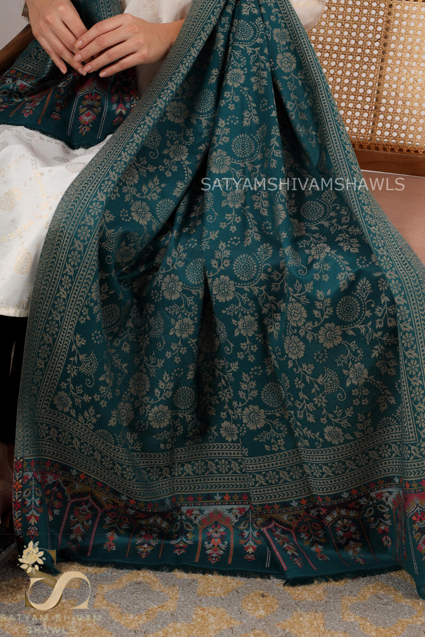 PURE WOOL ETHNIC KANI WEAVED SHAWL,WARM AND SOFT, C GREEN