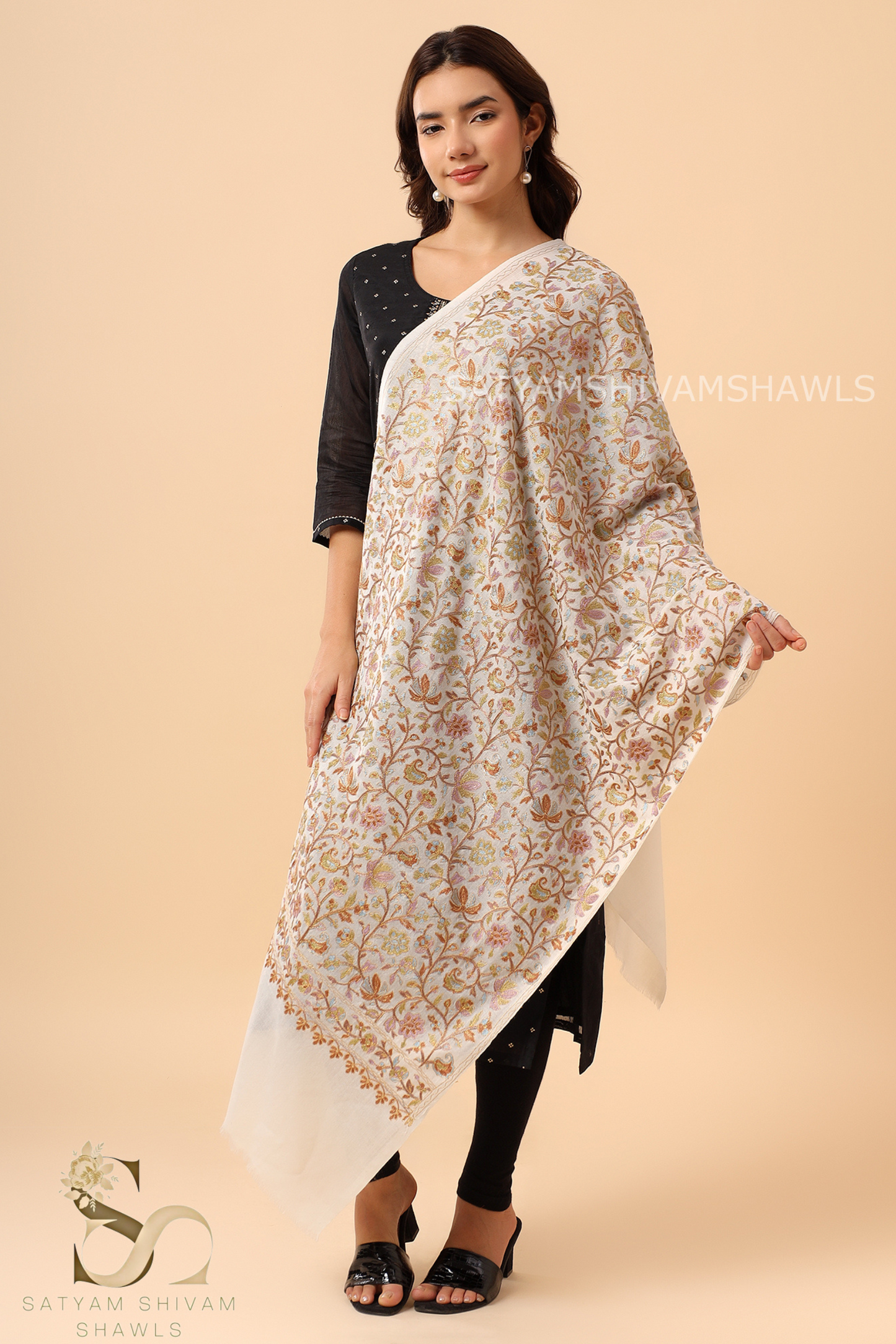 CHINAR LEAF  PASHMINA FINE WOOL NALKI EMBROIDERY WEAVE STOLE,WARM & SOFT,WHITE