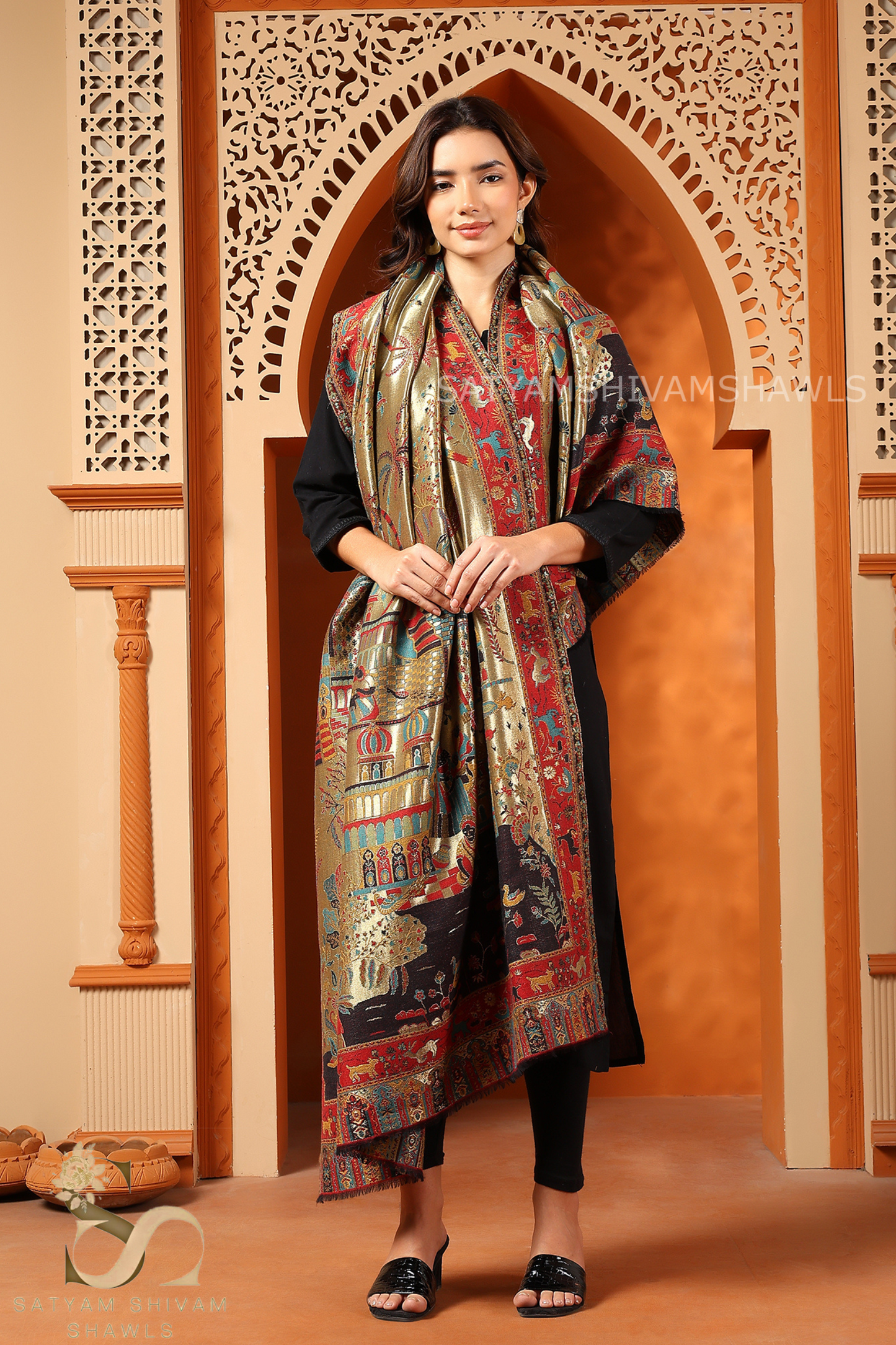 TWINLIGHT REVERSIBLE FINE WOOL PASHMINA SHAWL,MEHROON GOLDEN