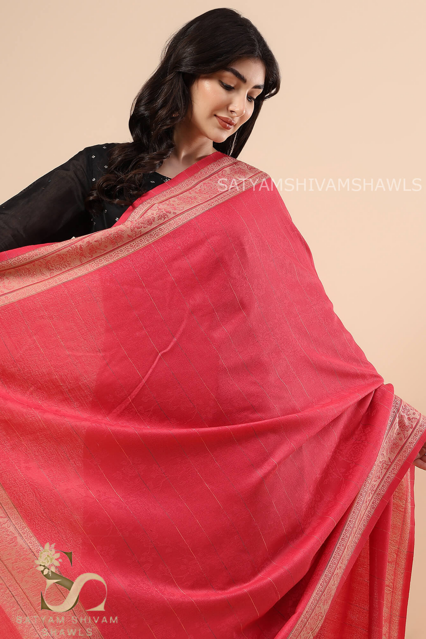 PURE WOOL ALL OVER SELF DESIGN WITH BORDER AND STRIPS DESIGN SHAWL,WARM & SOFT,GAJARI