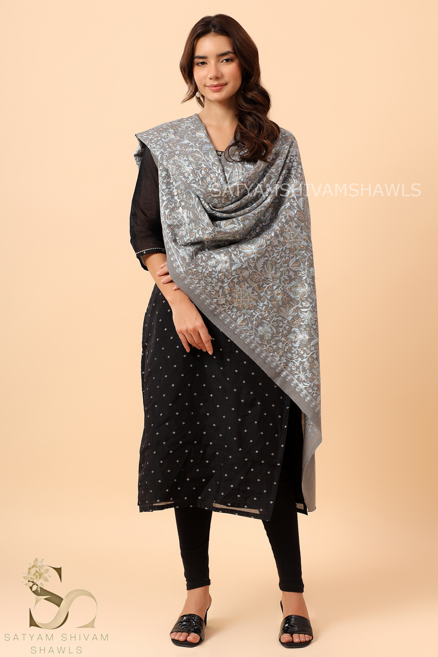 PASHMINA FINE WOOL NALKI EMBROIDERY WEAVE STOLE,WARM & SOFT,GREY