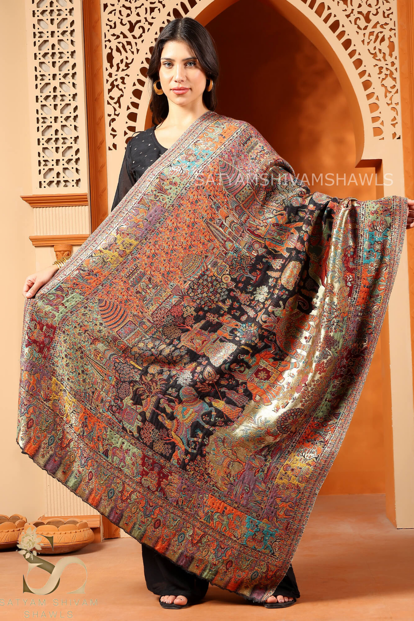 TWINLIGHT REVERSIBLE FINE WOOL PASHMINA DHOLI THEME DESIGSHAWL,BLACK GOLDEN