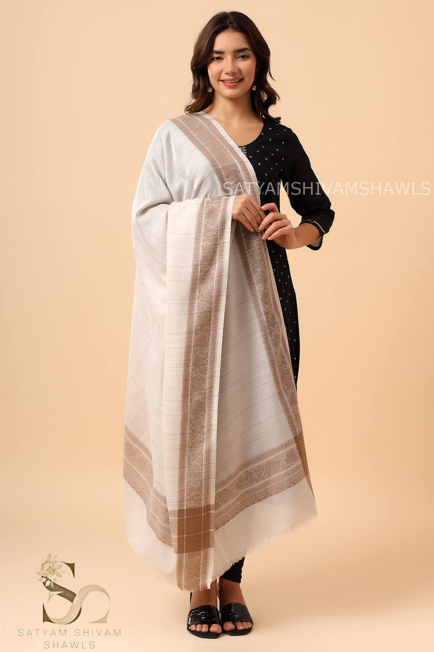 PURE WOOL REVERSIBLE SELF BORDER WITH STRIPS DESIGN SHAWL ,WHITE