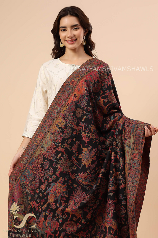 SHIKAADAR KASHMIRI KANI WOVEN BLACK SHAWL WITH VINTAGE COLOUR KANI WEAVED.