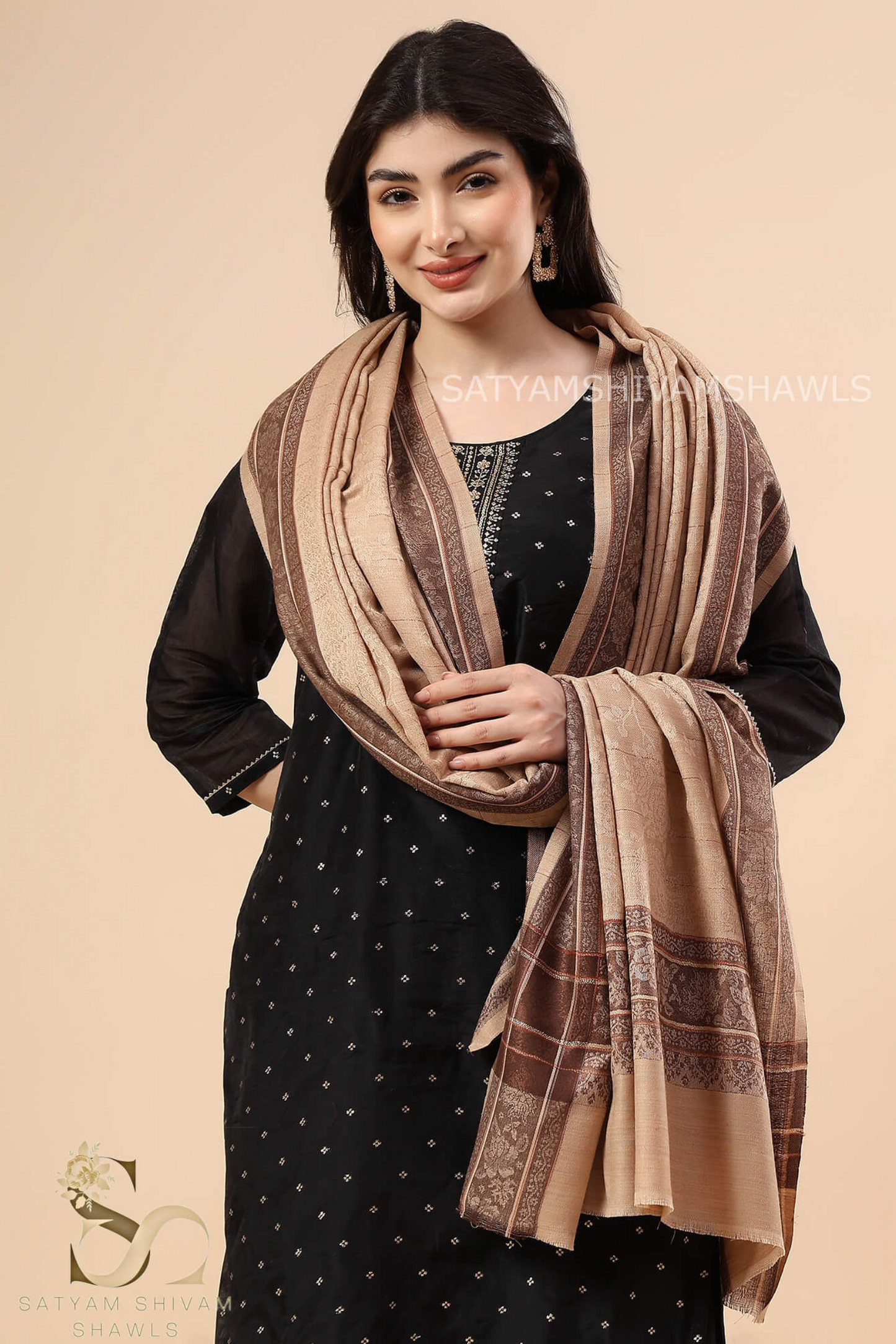 PURE WOOL ALL OVER SELF DESIGN WITH BORDER AND STRIPS DESIGN SHAWL,WARM & SOFT,LIGHT
