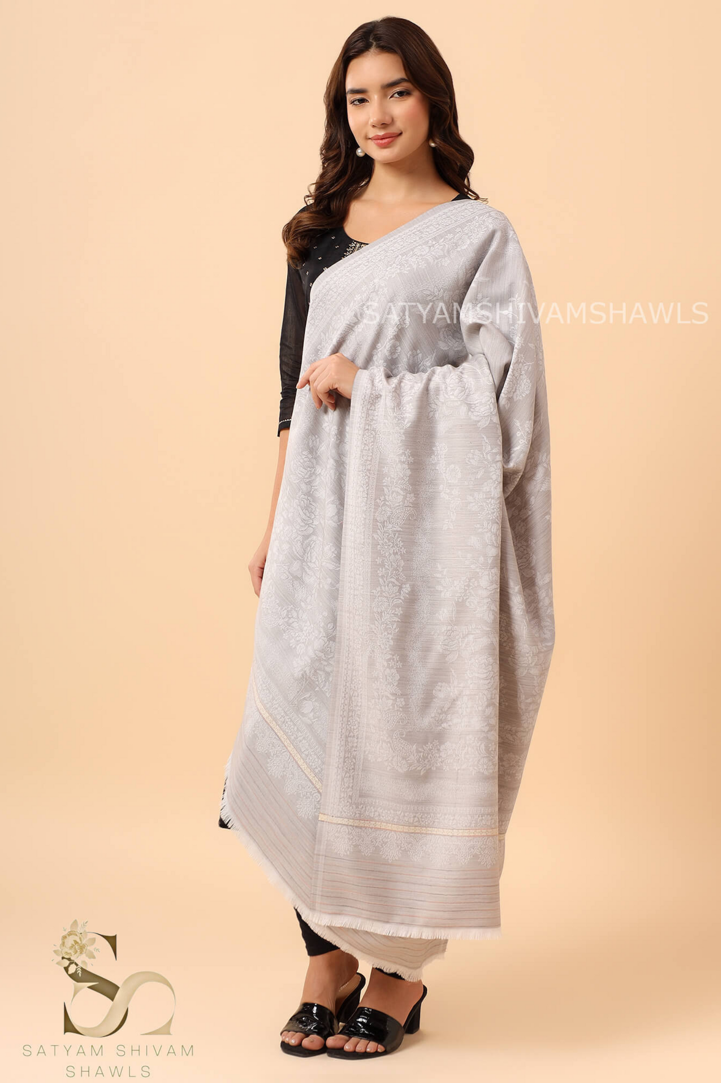 PASHMINA BLENDED WOOL REVERSIBLE SELF DESIGN SHAWL,SLIVER GREY