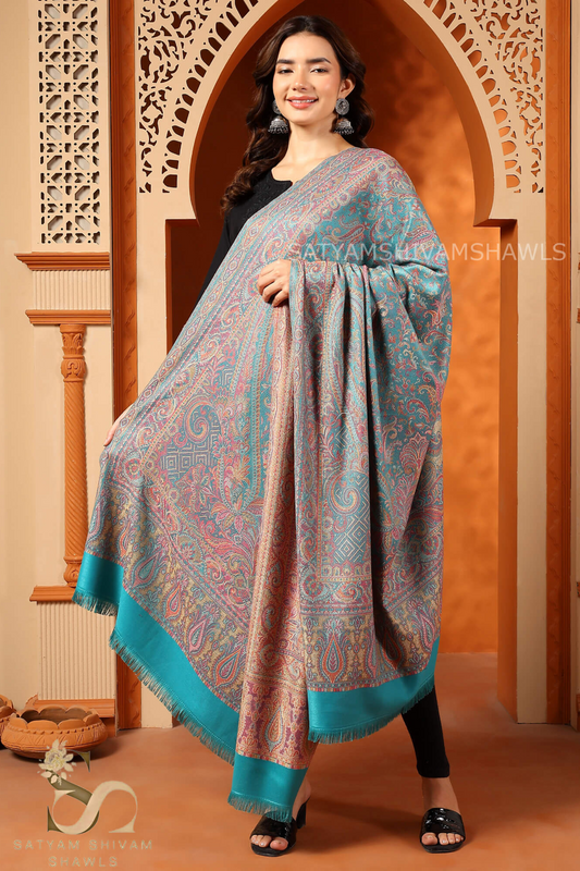 PURE WOOL ETHNIC KANI WEAVED SHAWL,WARM AND SOFT, C GREEN
