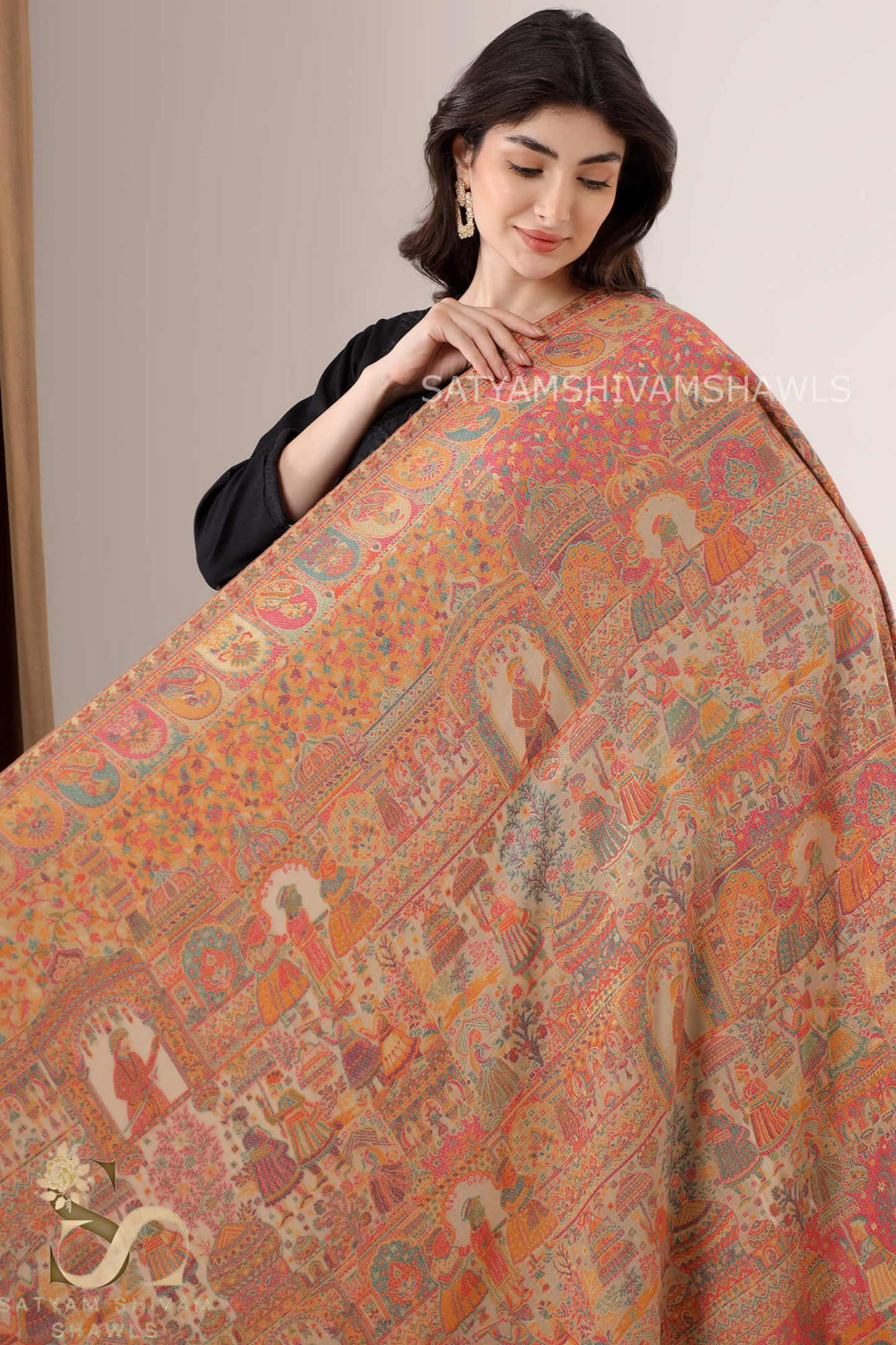 "SHAAN -E-DARBAR" THEME KANI  PASHMINA BLEND WOOL SHAWLS ,LIGHT WEIGHT AND WARM,BEIGE