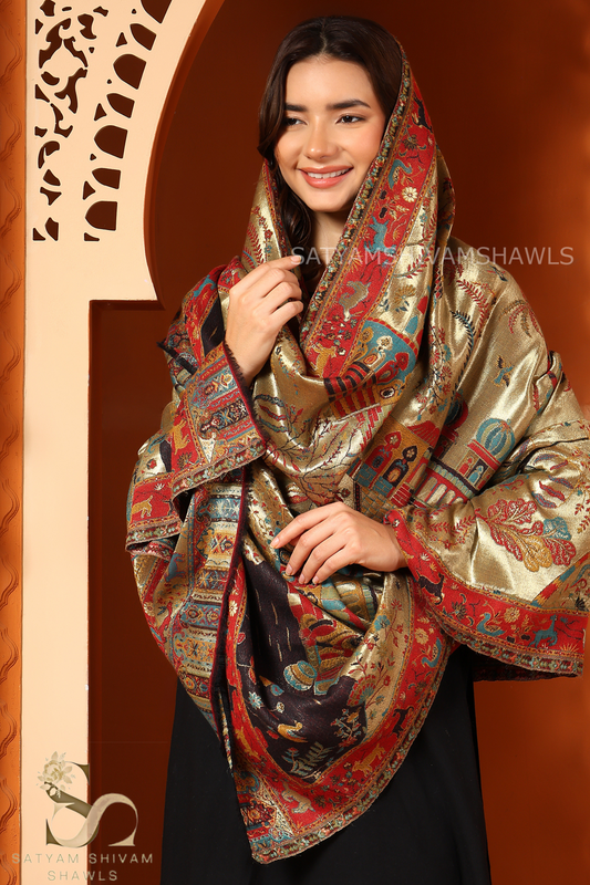 TWINLIGHT REVERSIBLE FINE WOOL PASHMINA SHAWL,MEHROON GOLDEN