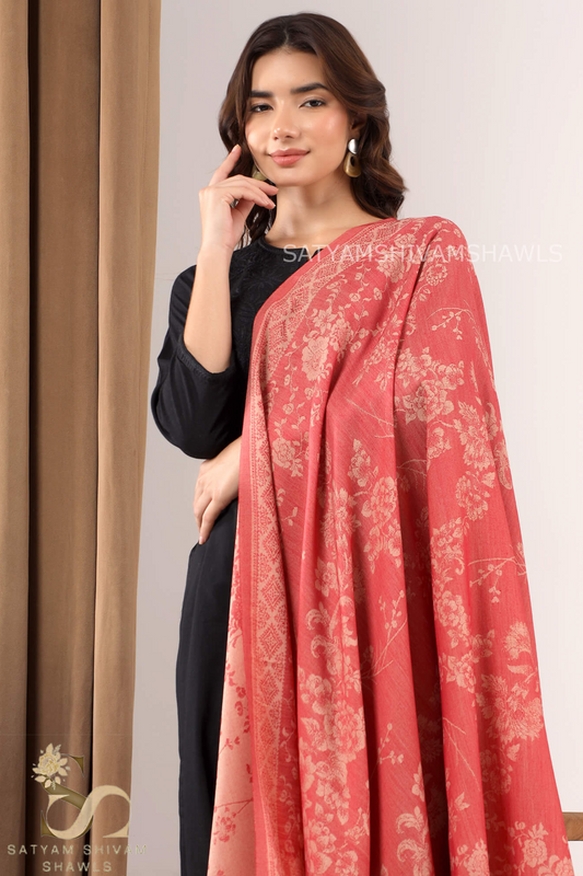 PASHMINA BLENDED WOOL REVERSIBLE SELF SUNFLOWER DESIGN SHAWL