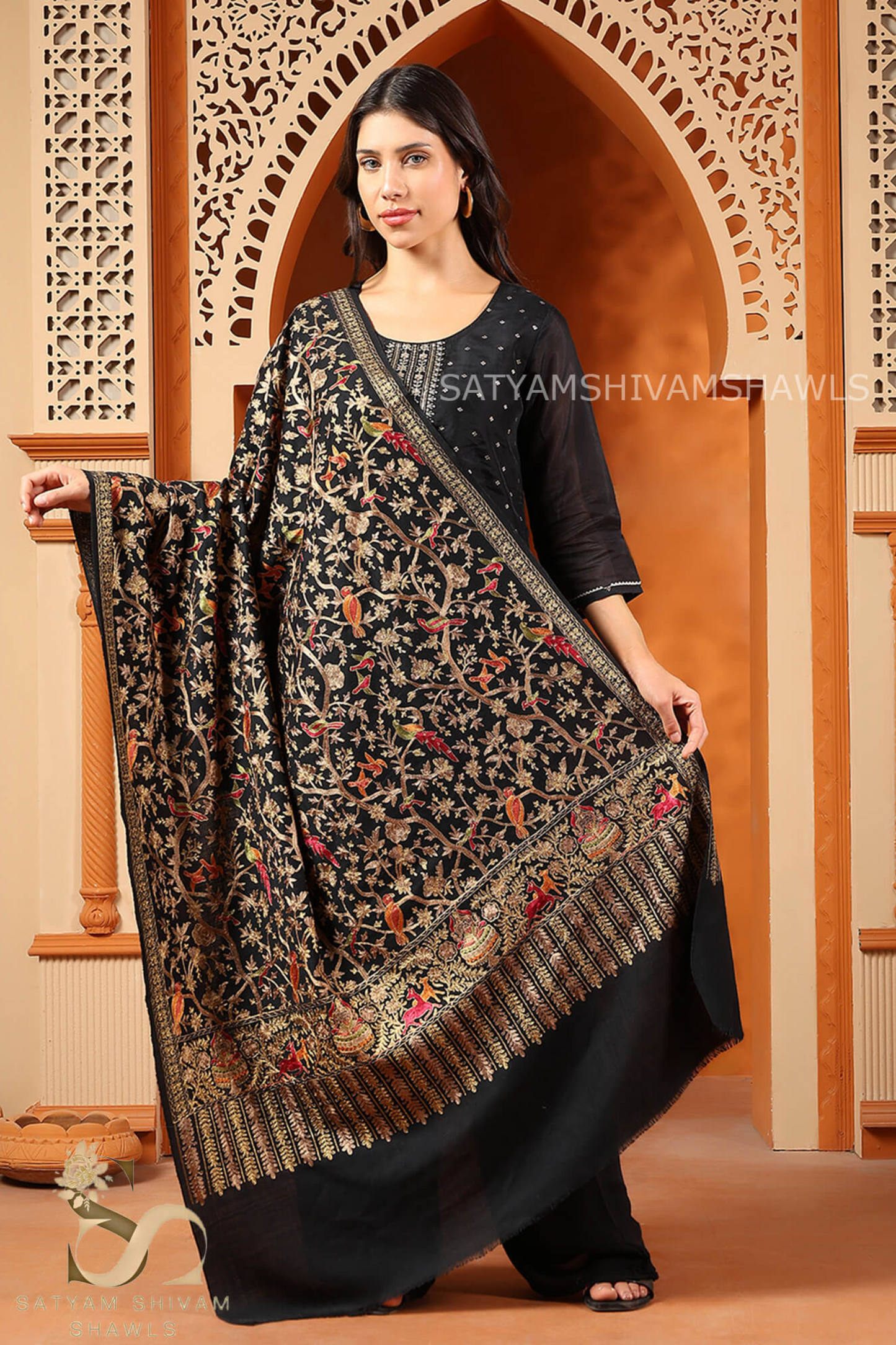 "SHIKAAR-E-KASHMIR" TILLA EMBROIDERY FINE PASHMINA WOOL, WARM AND SOFT,BLACK