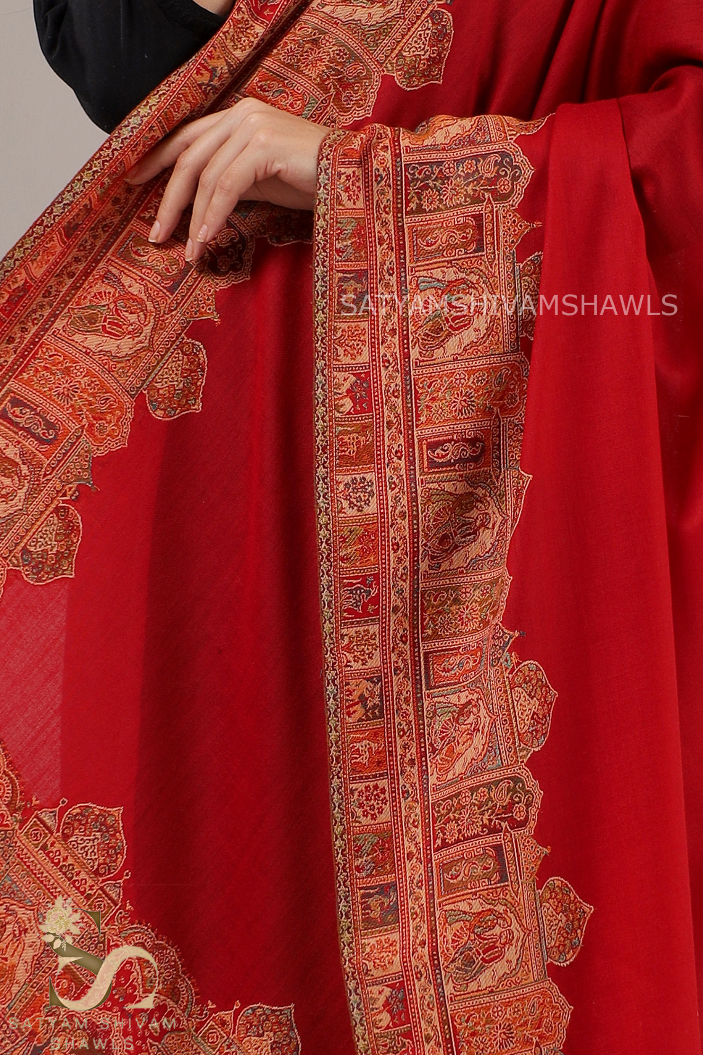 100%PURE WOOL KANI ETHNIC BORDER WEAVE SHAWL SOFT AND WARM,WITH WOOLMARK CERTIFICATE,MARRON