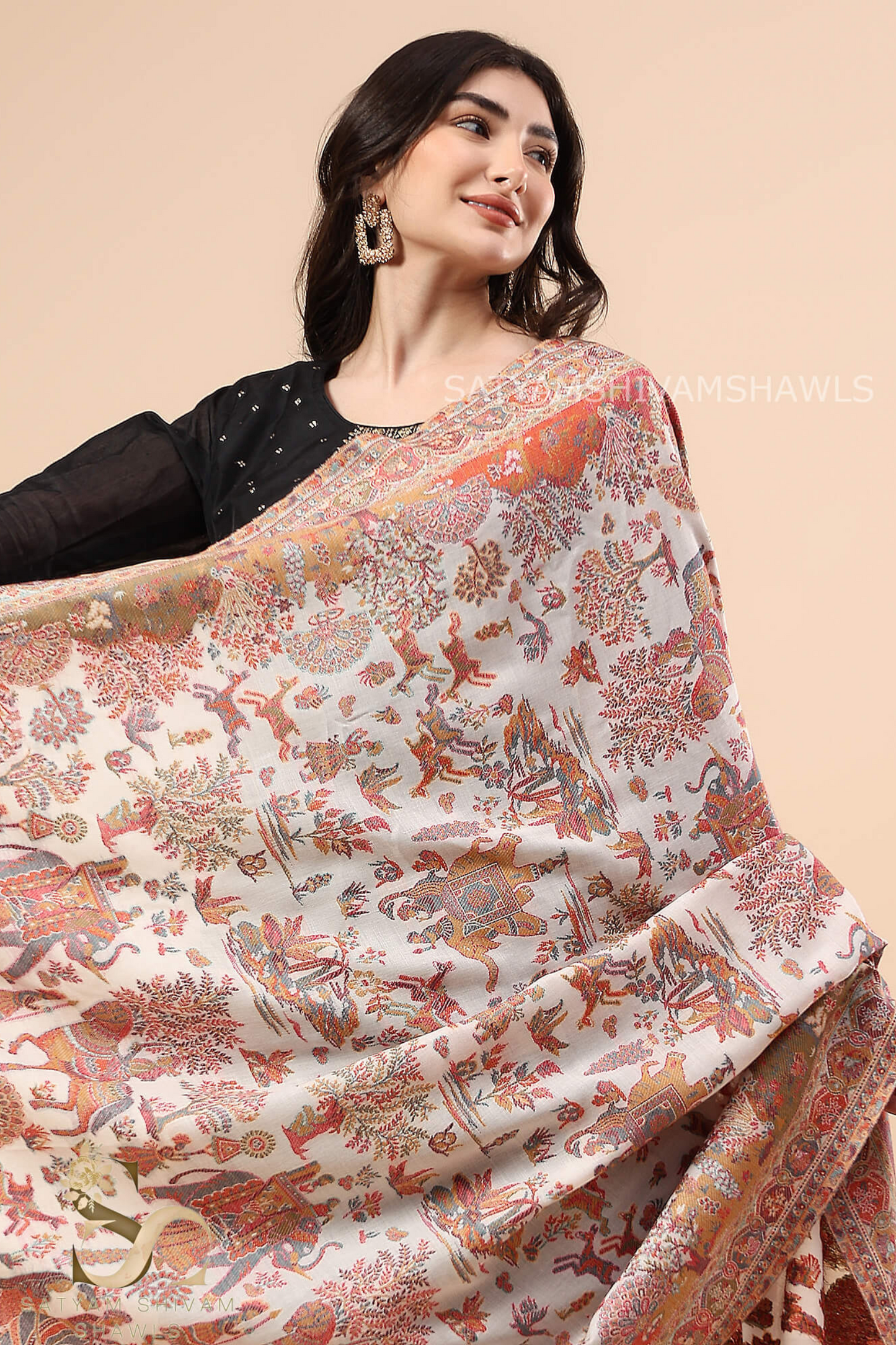 "GARDEN OF DELIGHT" PASHMINA KANI SHIKARGAH DHOLI THEME DESIGN SHAWL,WARM AND SOFT,WHITE