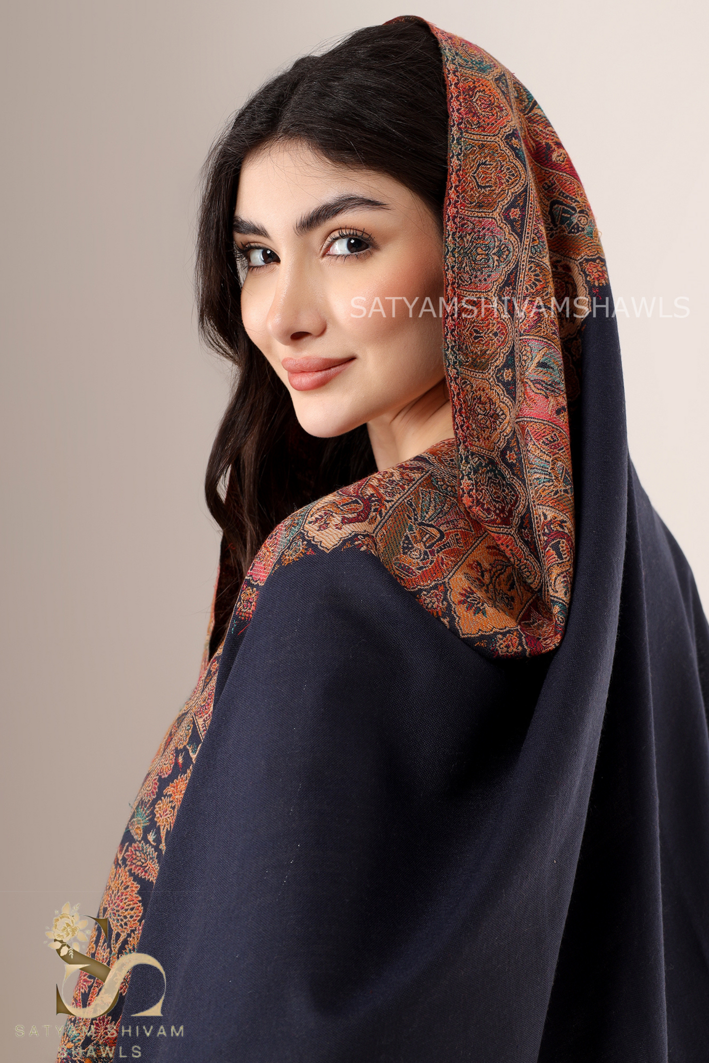 TAJ SAKHIYAAN  KANI BORDER WEAVE SHAWL, SOFT, WARM AND LIGHT WEIGHT,NAVY BLUE