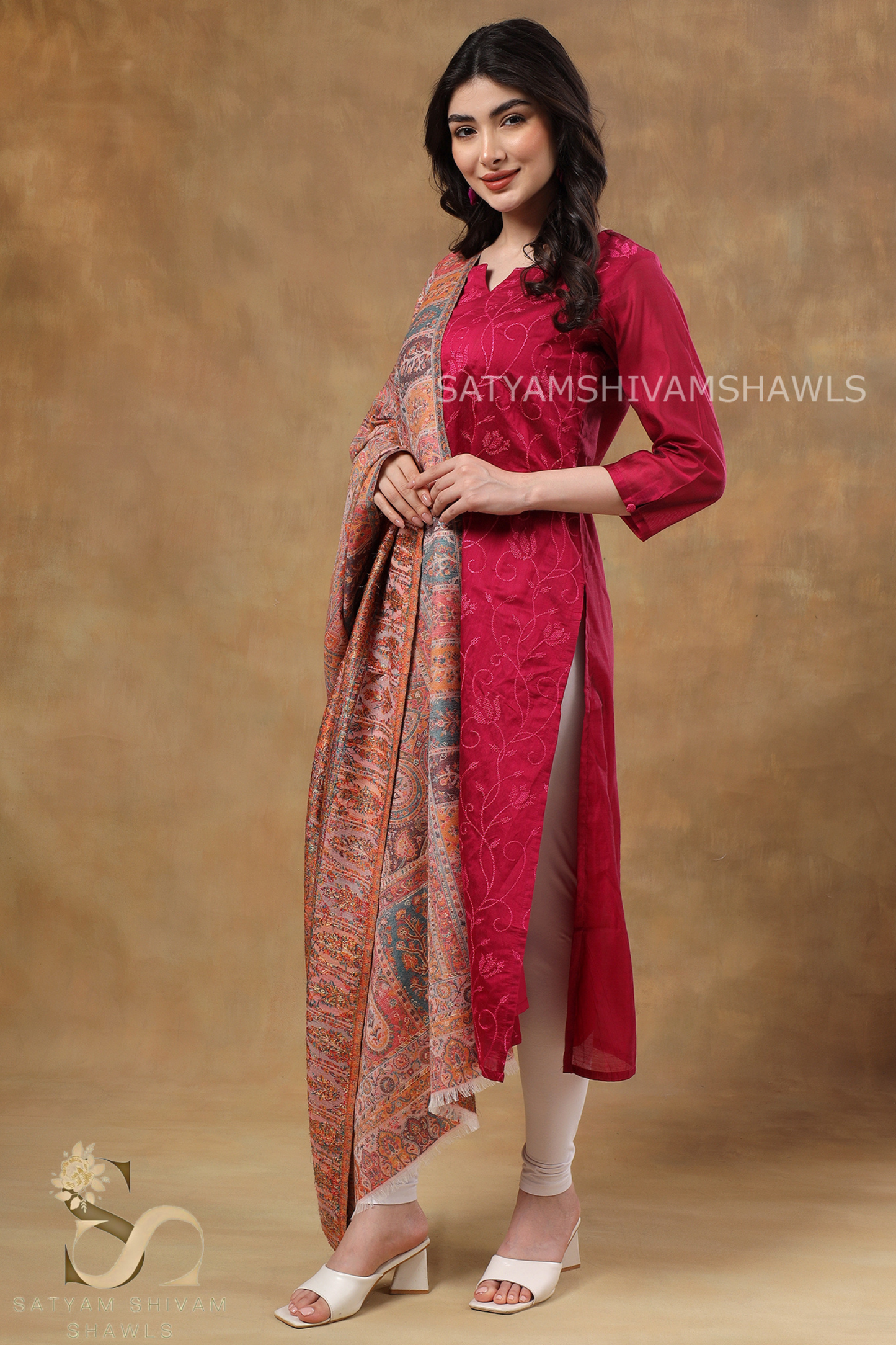 WOMENS 100%PURE WOOL KANI ETHNIC WEAVE SHAWL, SOFT AND WARM, PINK
