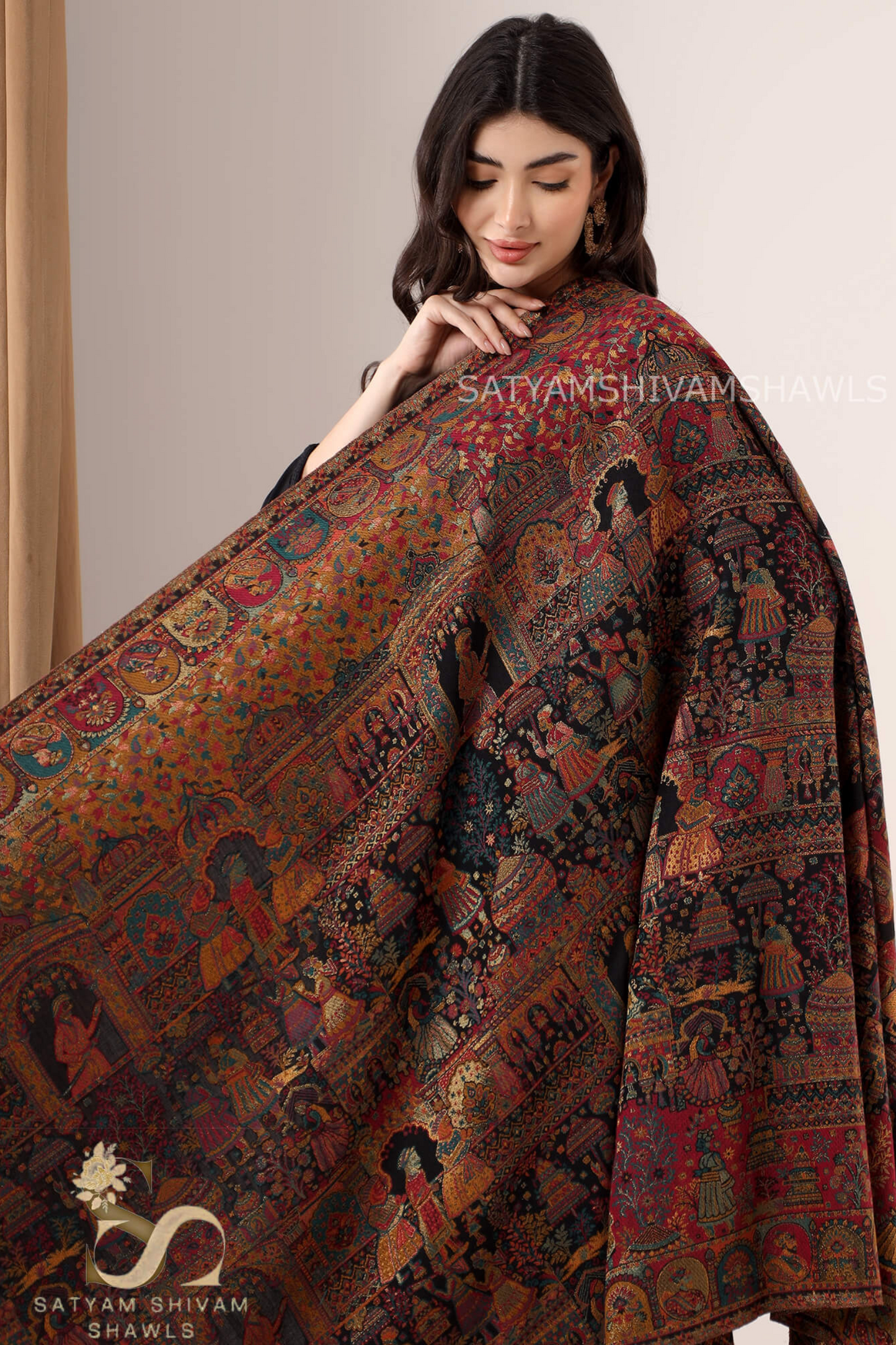 "SHAAN -E-DARBAR" THEME KANI  PASHMINA BLEND WOOL SHAWLS ,LIGHT WEIGHT AND WARM,BLACK