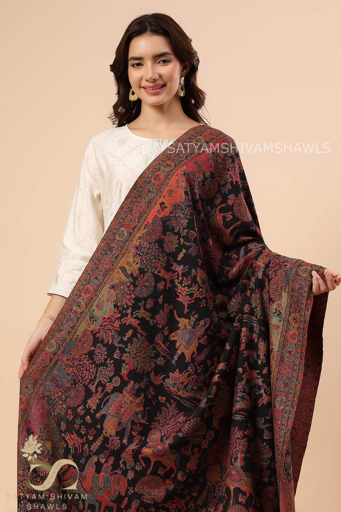 "GARDEN OF DELIGHT" PASHMINA KANI SHIKARGAH DHOLI THEME DESIGN SHAWL,WARM AND SOFT