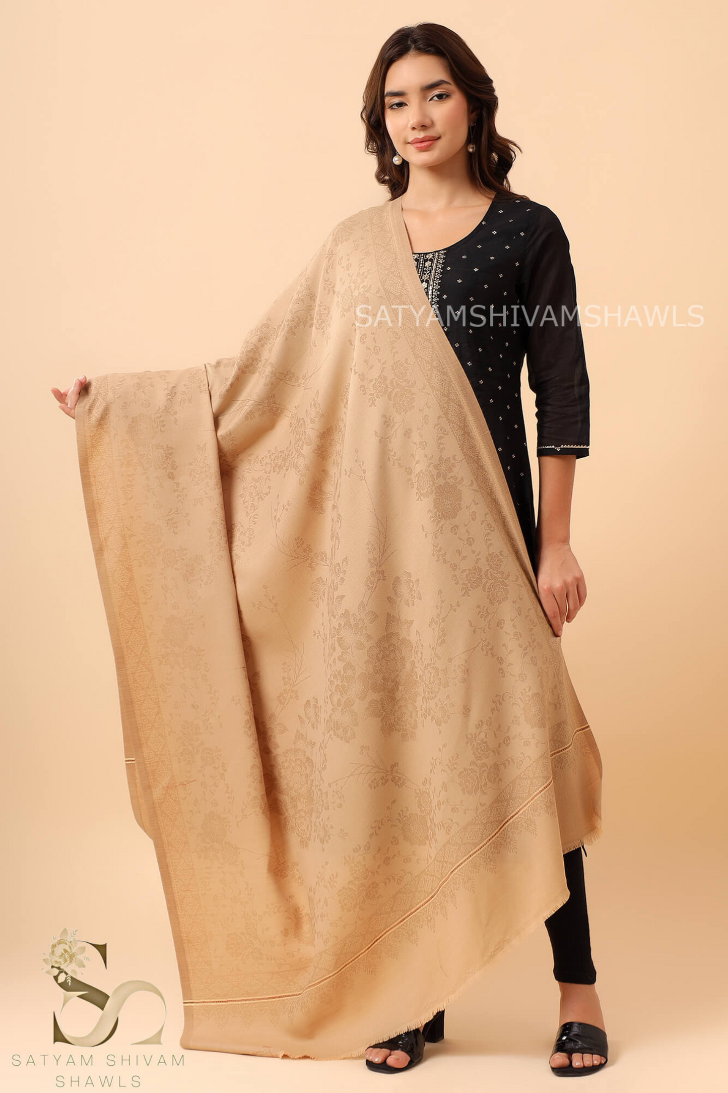 PURE WOOL REVERSIBLE SELF SUNFLOWER DESIGN SHAWL