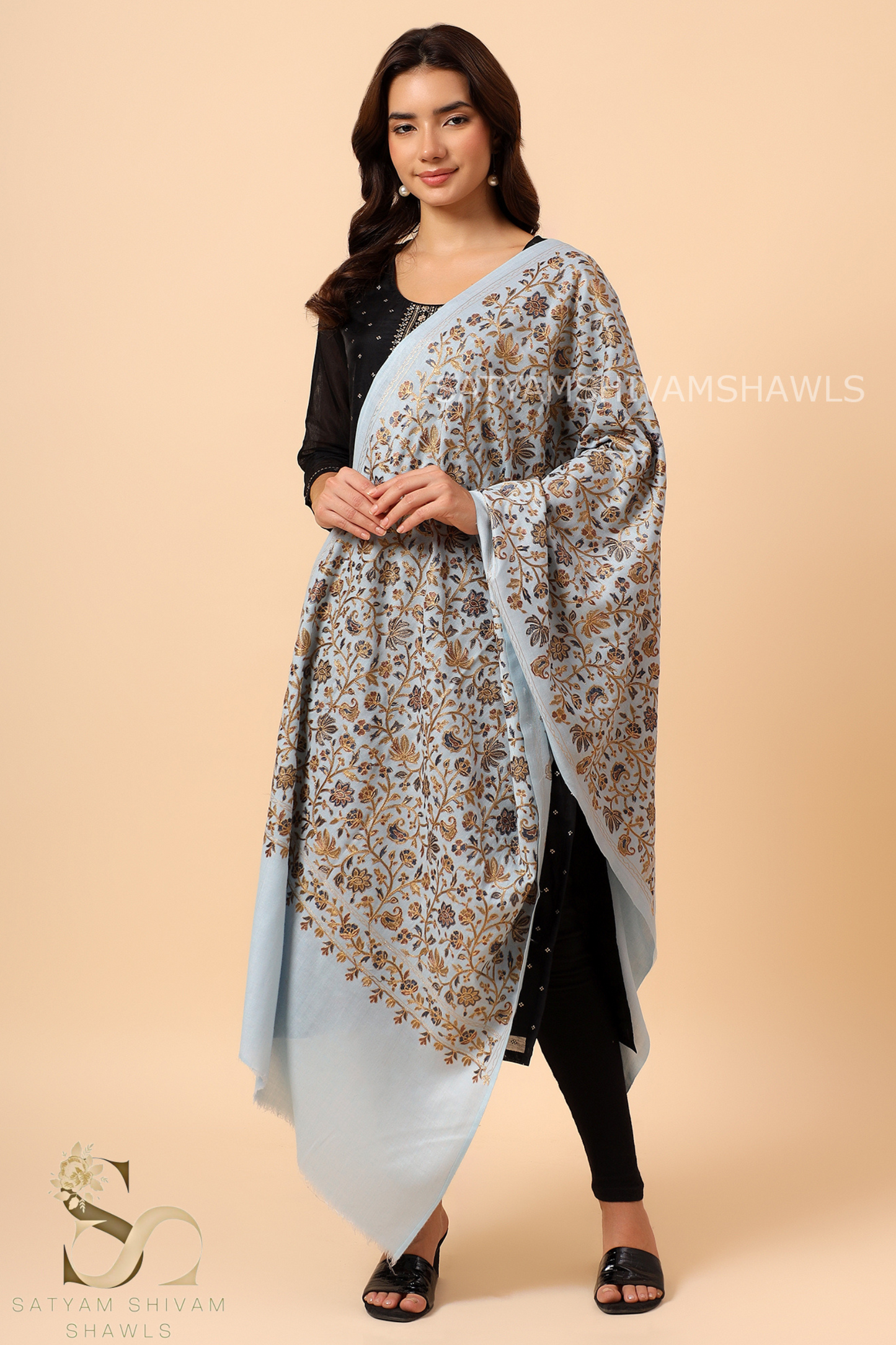 PASHMINA MIST BLUE NALKI EMBRODIERY WEAVE STOLE,WARM & SOFT