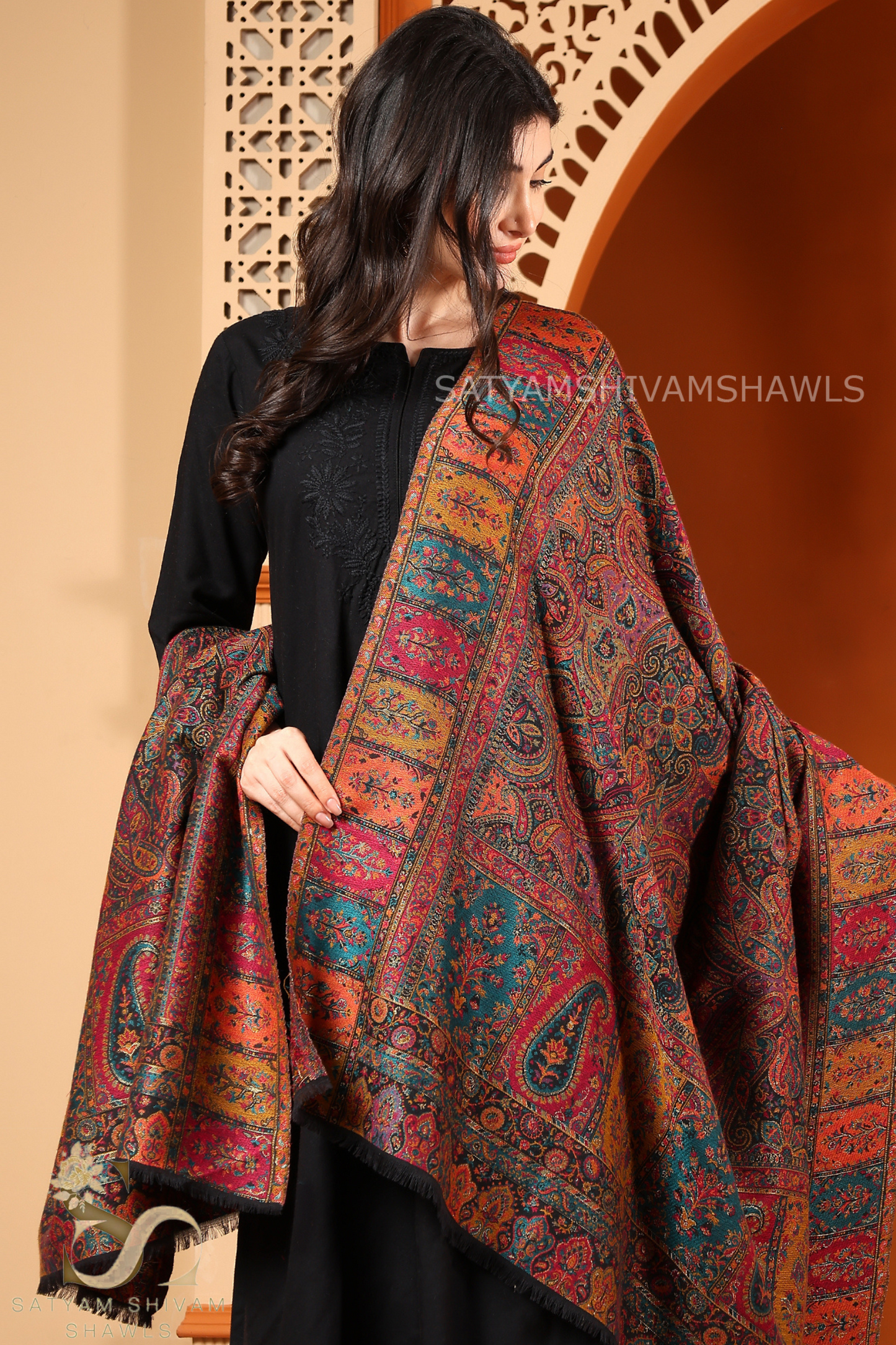 100%PURE WOOL KANI ETHNIC WEAVE SHAWL SOFT AND WARM,WITH WOOLMARK CERTIFICATE,BLACK
