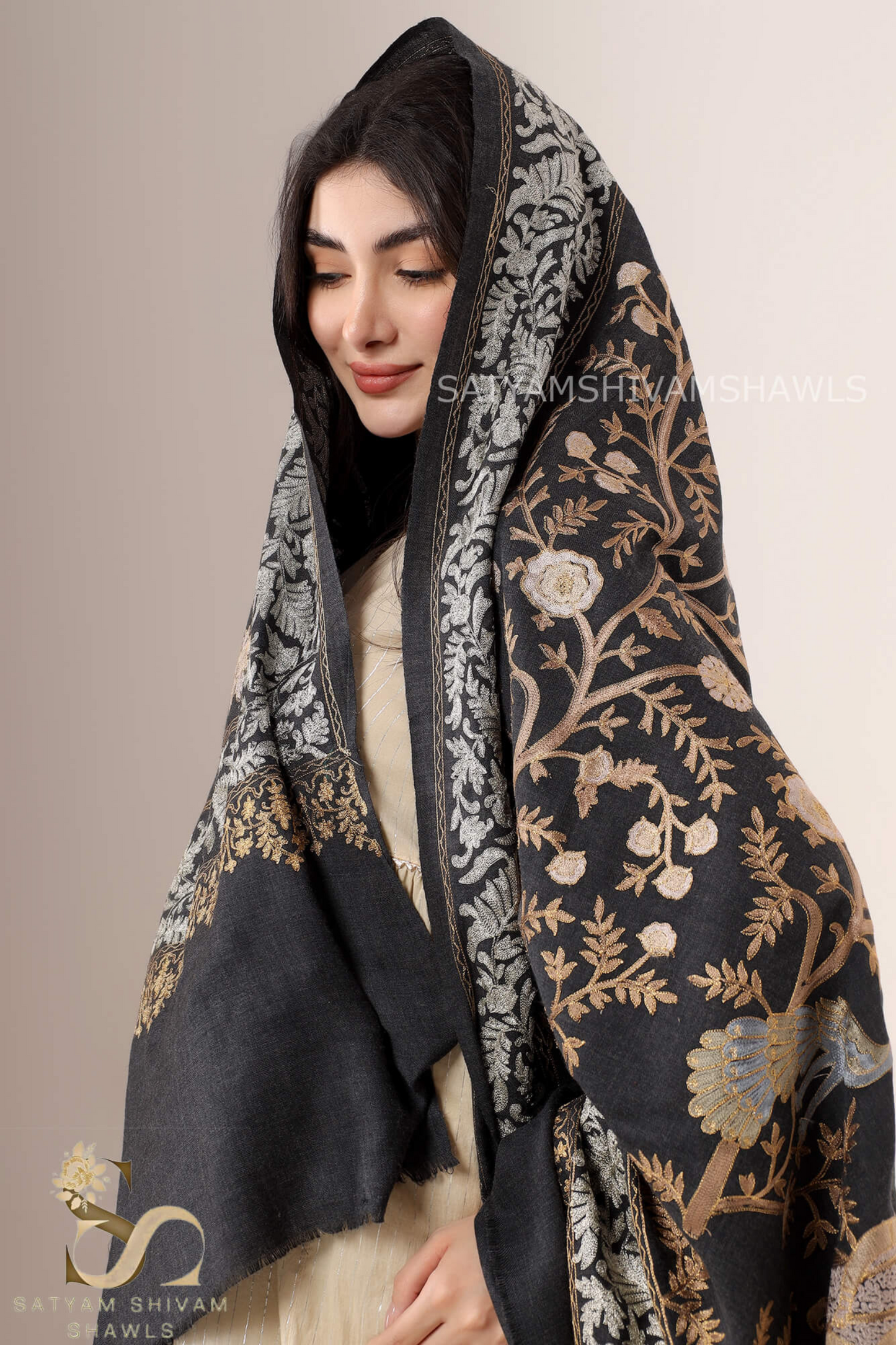 "SHIKAAR-E-KASHMIR" TILLA EMBRODIERY FINE PASHMINA WOOL, WARM AND SOFT,