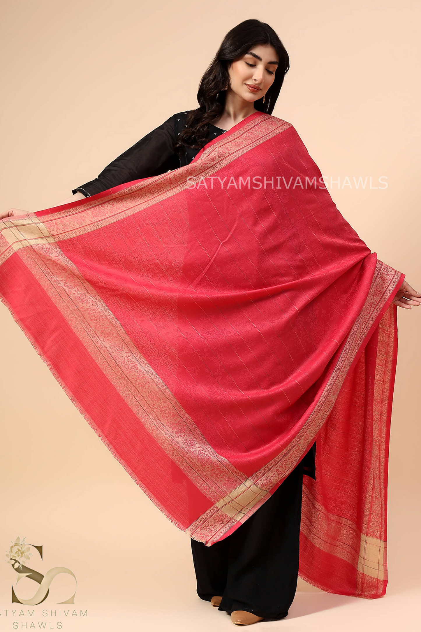 PURE WOOL ALL OVER SELF DESIGN WITH BORDER AND STRIPS DESIGN SHAWL,WARM & SOFT,GAJARI