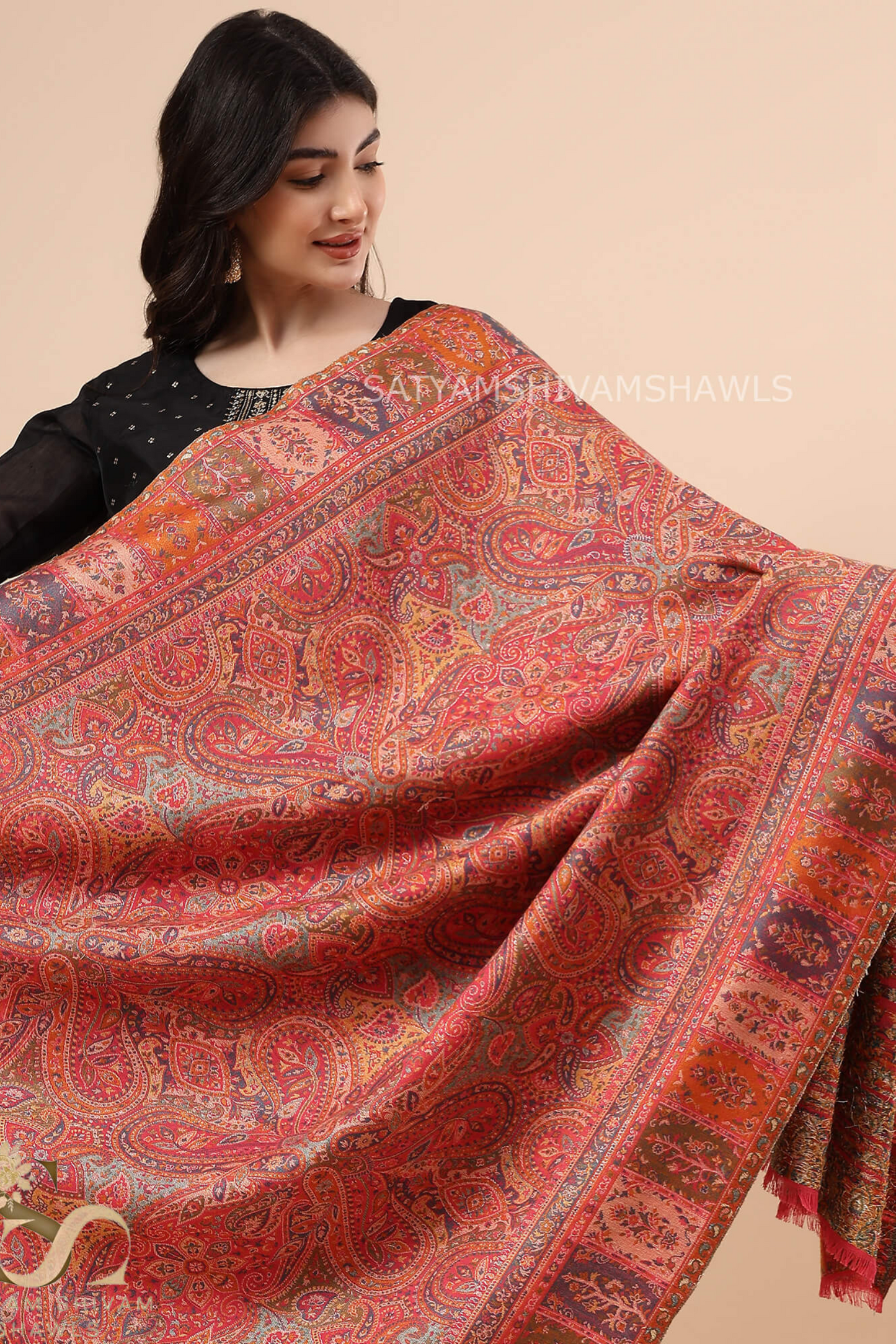 SATYAMSHIVAMSHAWLS WOMENS 100%PURE WOOL KANI ETHNIC WEAVE SHAWL, SOFT AND WARM, CARROT