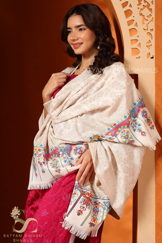 PURE WOOL ETHNIC KANI WEAVED SHAWL,WARM AND SOFT,WHITE