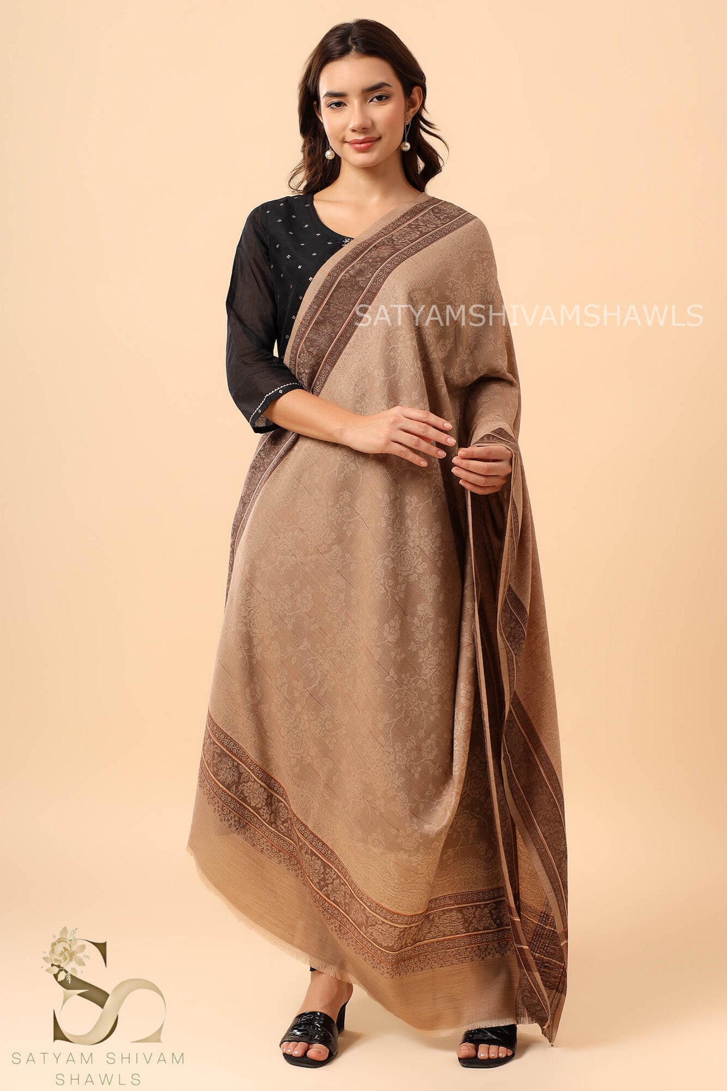 PURE WOOL REVERSIBLE BORDER STRIPS SELF DESIGN SHAWL ,CAMEL