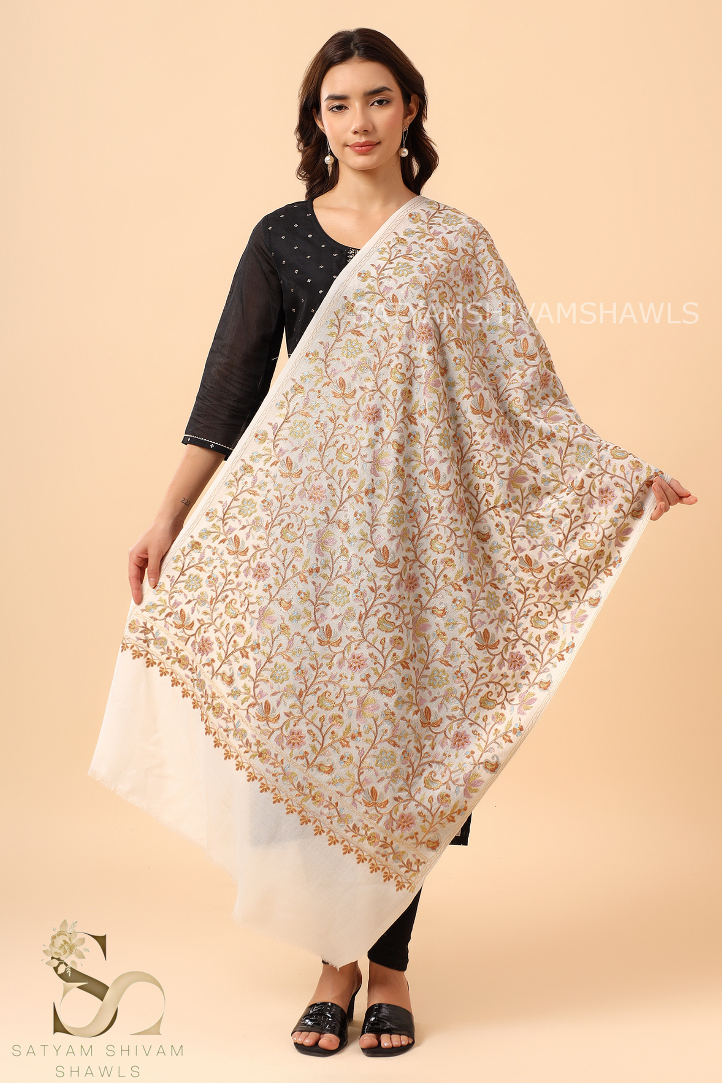 CHINAR LEAF  PASHMINA FINE WOOL NALKI EMBROIDERY WEAVE STOLE,WARM & SOFT,WHITE