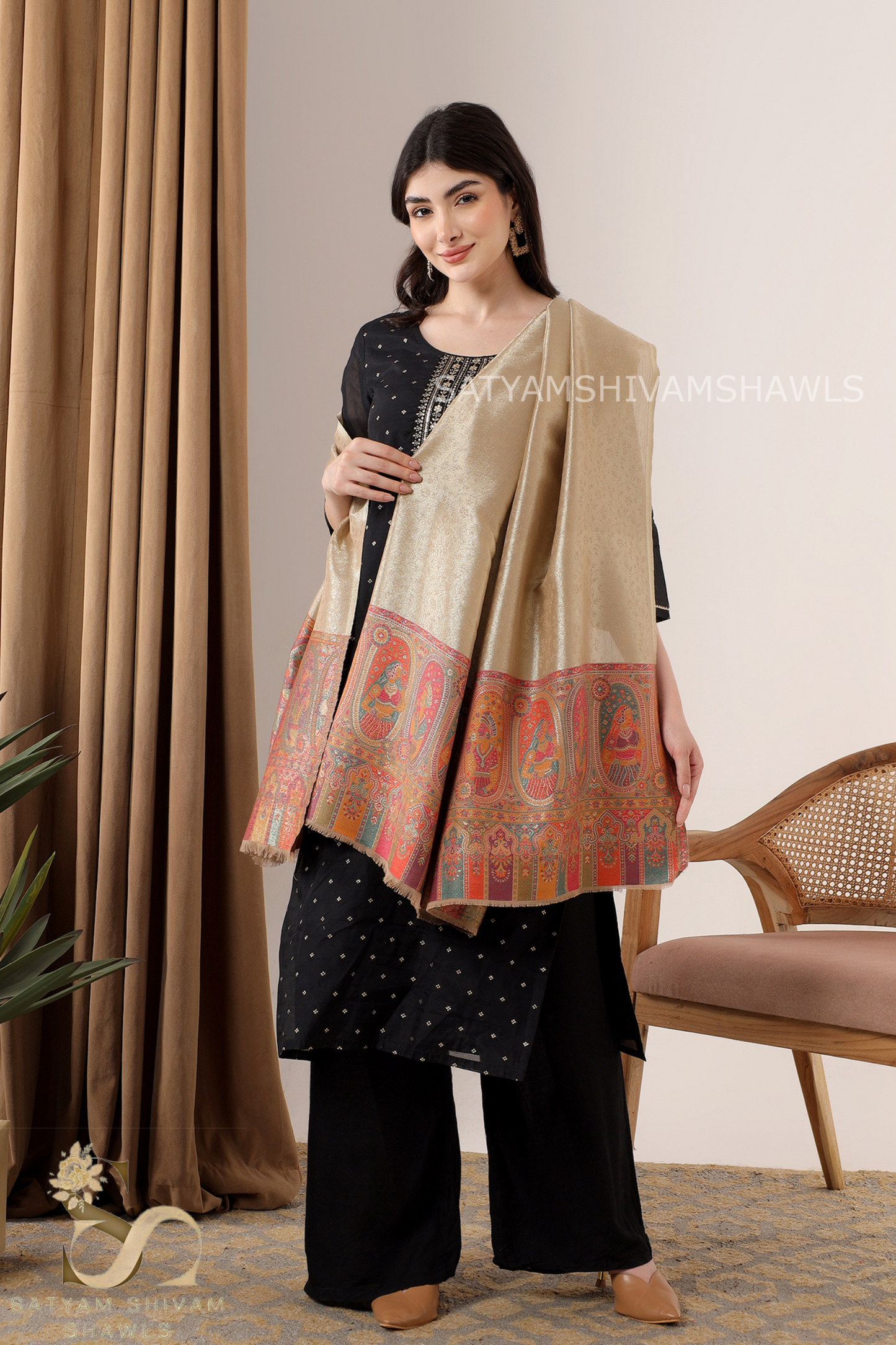 "TWILIGHT NOOR-E-MUGHAL" MOONLIGHT REVESIBLE PALLA DESIGN PASHMINA WOOL SHAWL,WARM AND SOFT