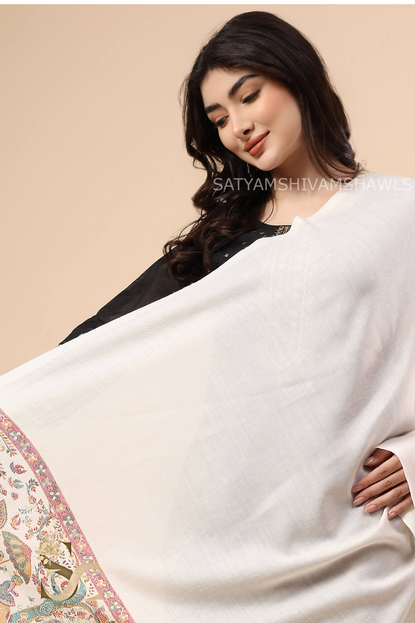 ZARI MOONLIGHT KANI WEAVE PURE WOOL PALLA SHAWL,WARM AND SOFT,WHITE